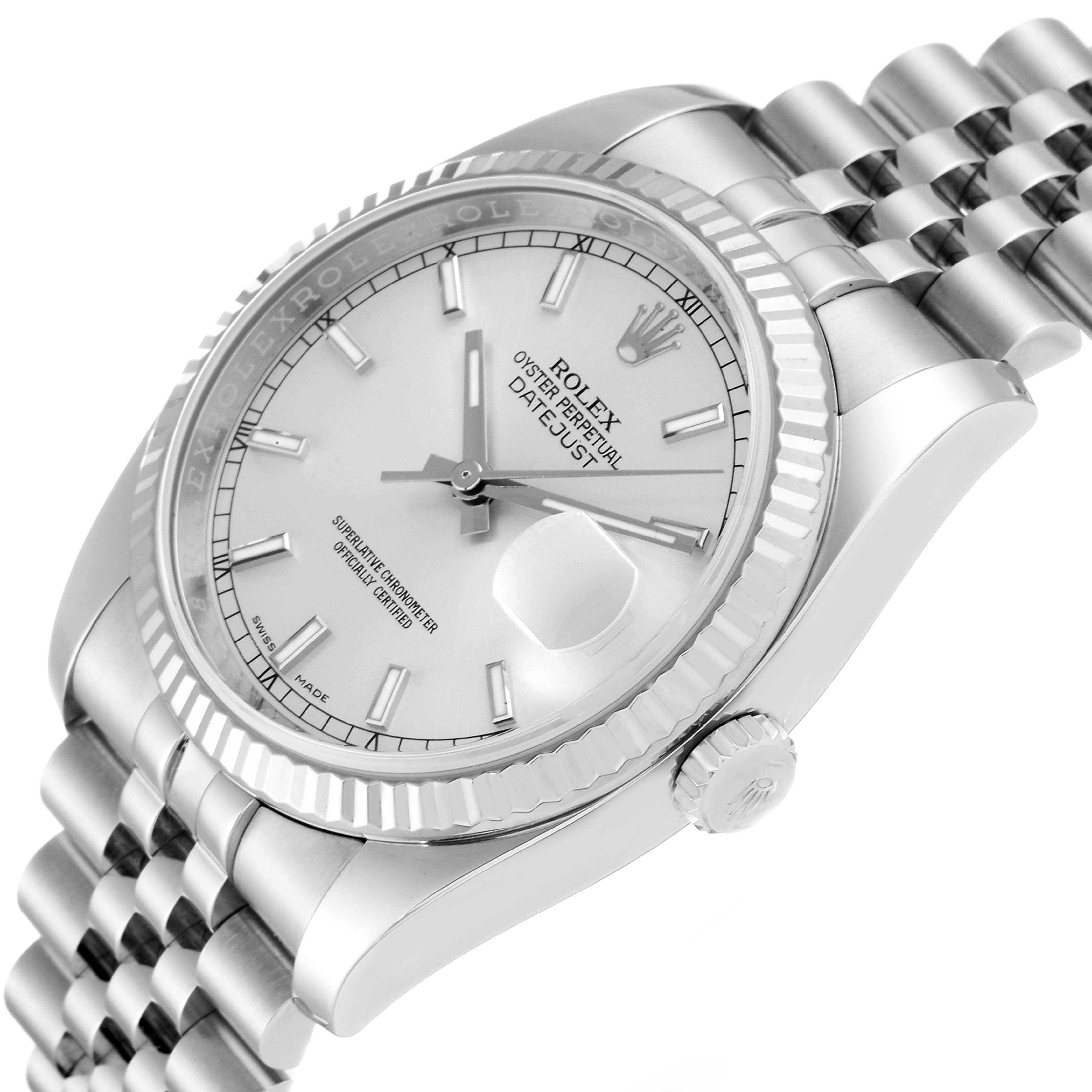 This image shows a close-up angled view of the Rolex Datejust 116234 Men's Stainless Steel Silver Dial 116234 Men's Stainless Steel Silver Dial watch, highlighting the dial, bezel, crown, and bracelet.