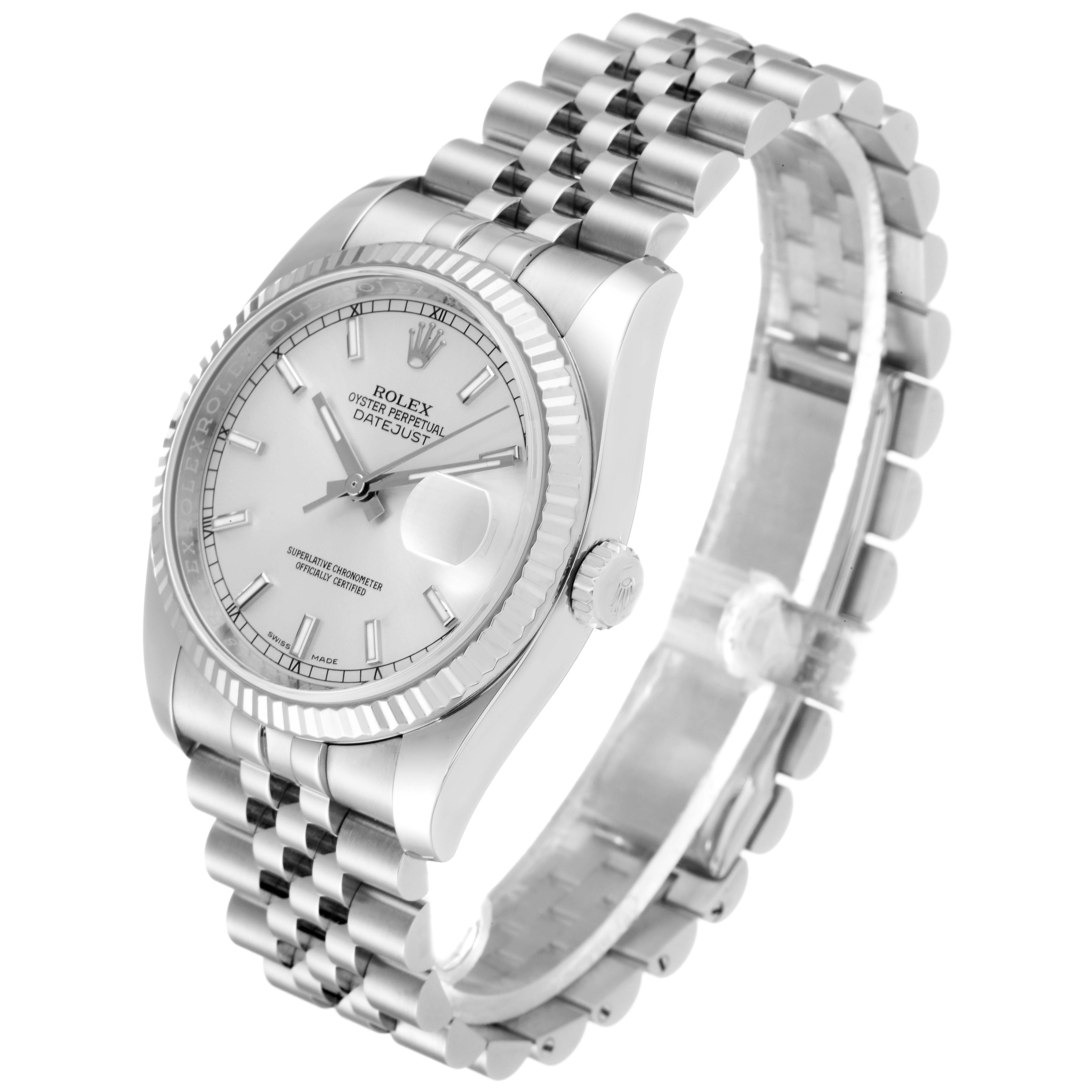 The Rolex Datejust 116234 Men's Stainless Steel Silver Dial 116234 Men's Stainless Steel Silver Dial watch is shown at an angle highlighting the face, fluted bezel, and Jubilee bracelet.