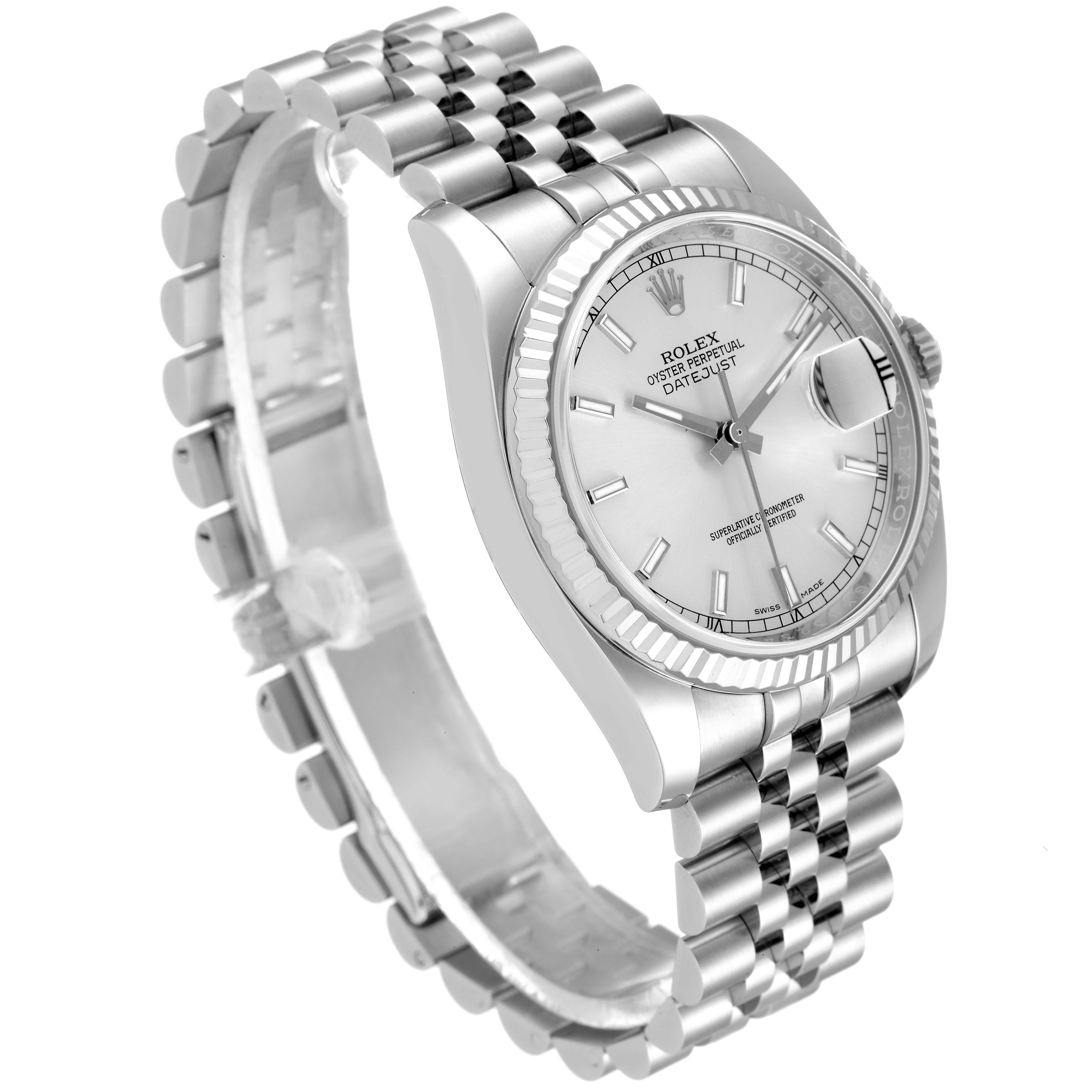The image shows a Rolex Datejust 116234 Men's Stainless Steel Silver Dial 116234 Men's Stainless Steel Silver Dial watch at a slight angle, highlighting its dial, bezel, and part of its jubilee bracelet.