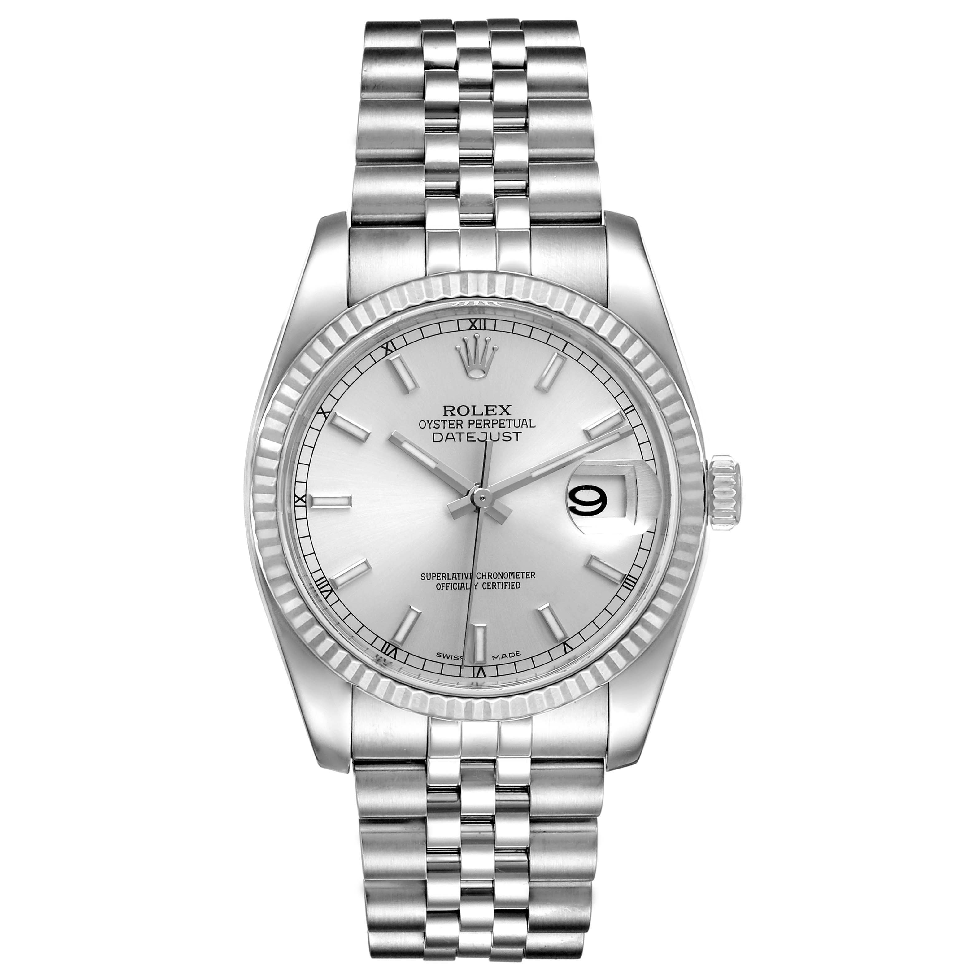 The image shows a front view of a Rolex Datejust 116234 Men's Stainless Steel Silver Dial 116234 Men's Stainless Steel Silver Dial watch, highlighting its dial, bezel, and bracelet.