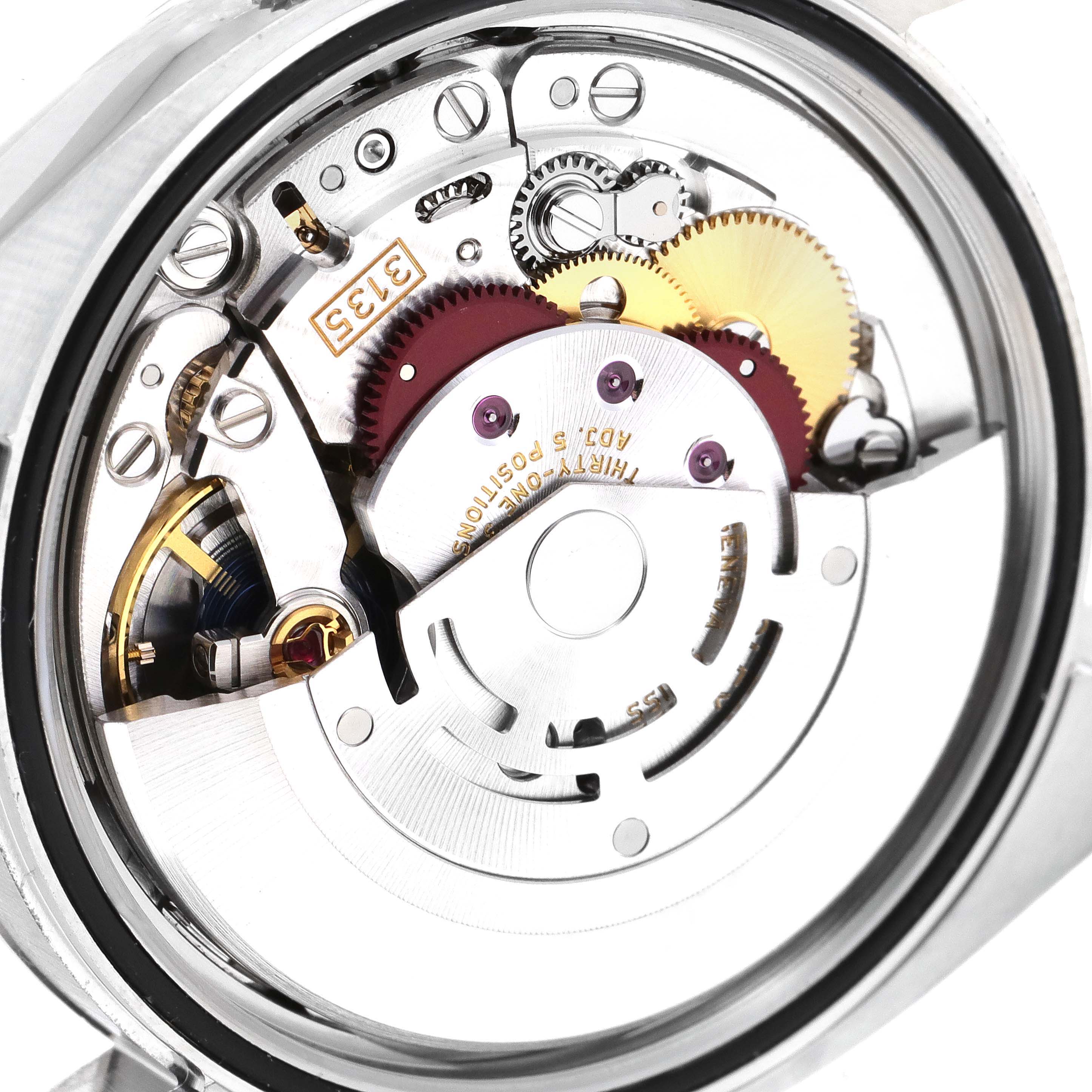 This image shows the intricate internal mechanism and gears of a Rolex Datejust 116234 Men's Stainless Steel Silver Dial 116234 Men's Stainless Steel Silver Dial model watch from the back.