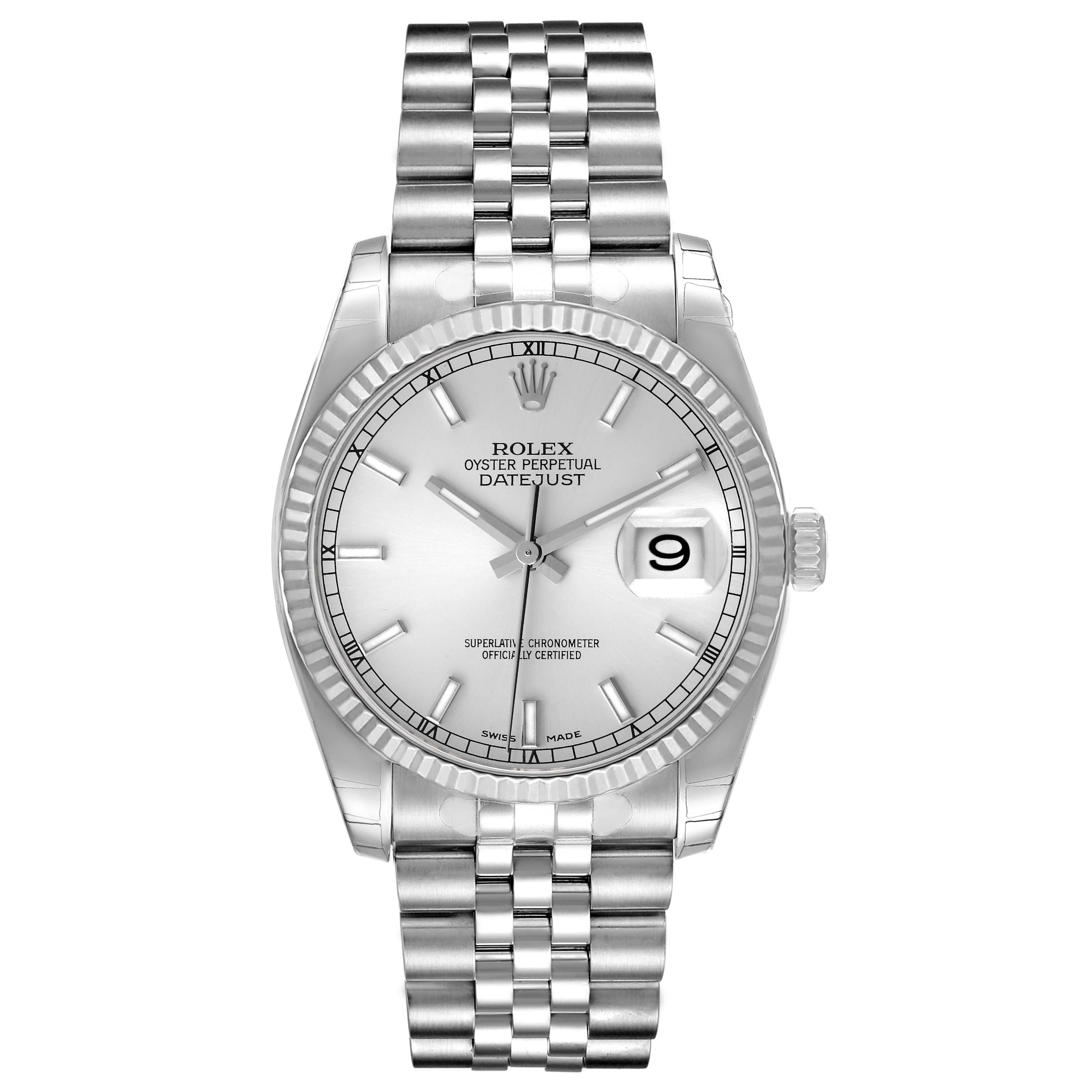 This image shows a frontal view of the Rolex Datejust 116234 Men's Stainless Steel Silver Dial 116234 Men's Stainless Steel Silver Dial watch, highlighting the dial, fluted bezel, and jubilee bracelet.