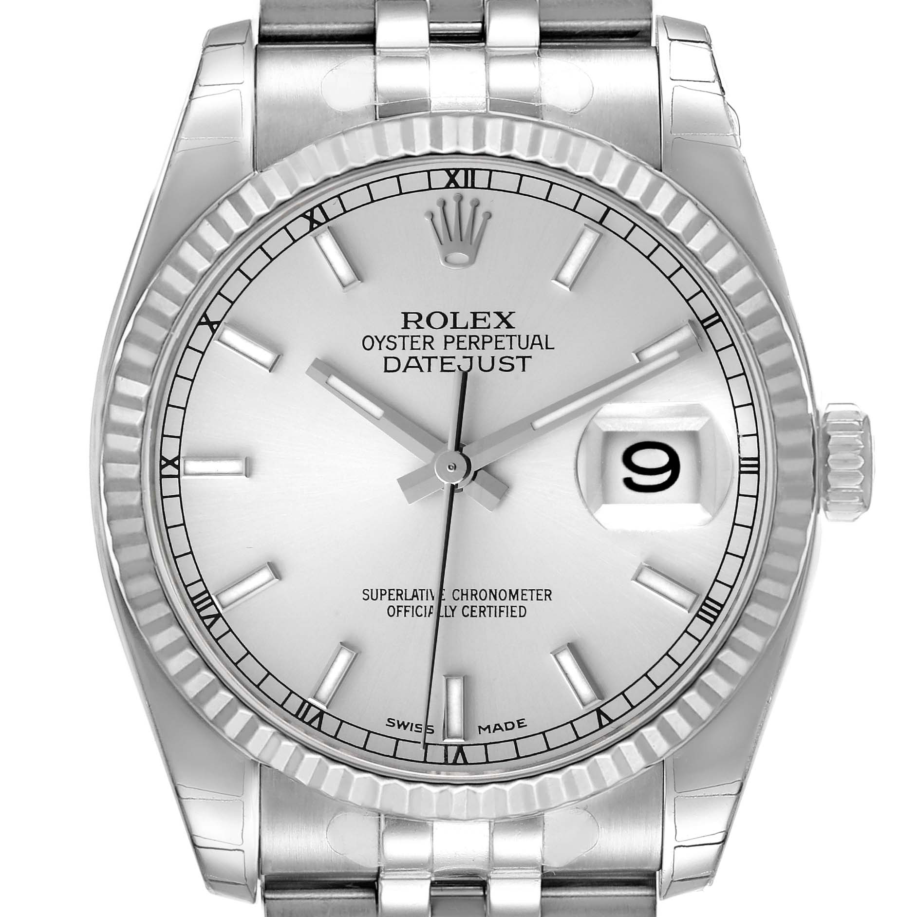 The image shows a close-up, front view of the Rolex Datejust 116234 Men's Stainless Steel Silver Dial 116234 Men's Stainless Steel Silver Dial watch, highlighting the dial, bezel, date window, and part of the bracelet.
