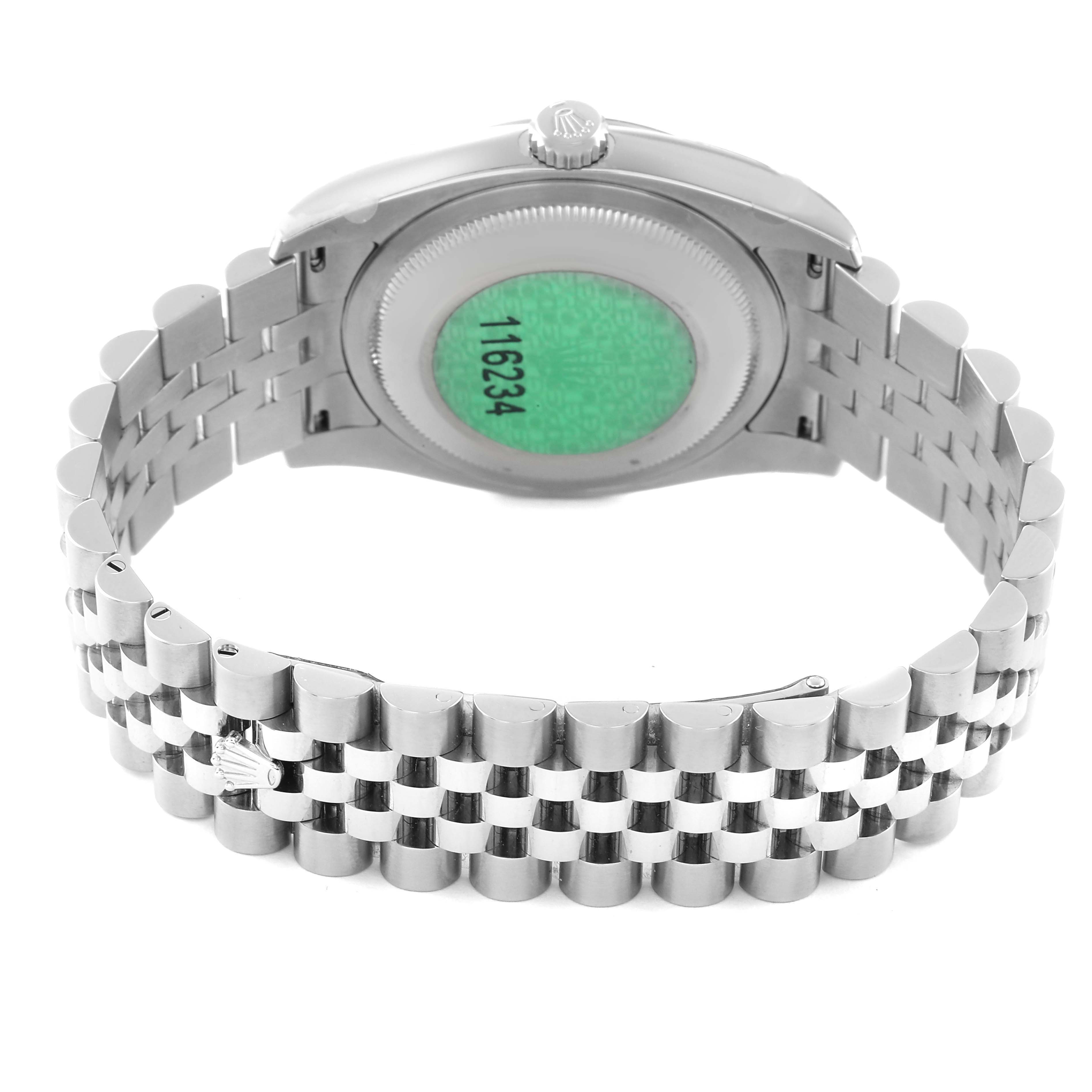 This image shows the back and bracelet of the Rolex Datejust 116234 Men's Stainless Steel Silver Dial 116234 Men's Stainless Steel Silver Dial watch, highlighting the case back and jubilee bracelet.