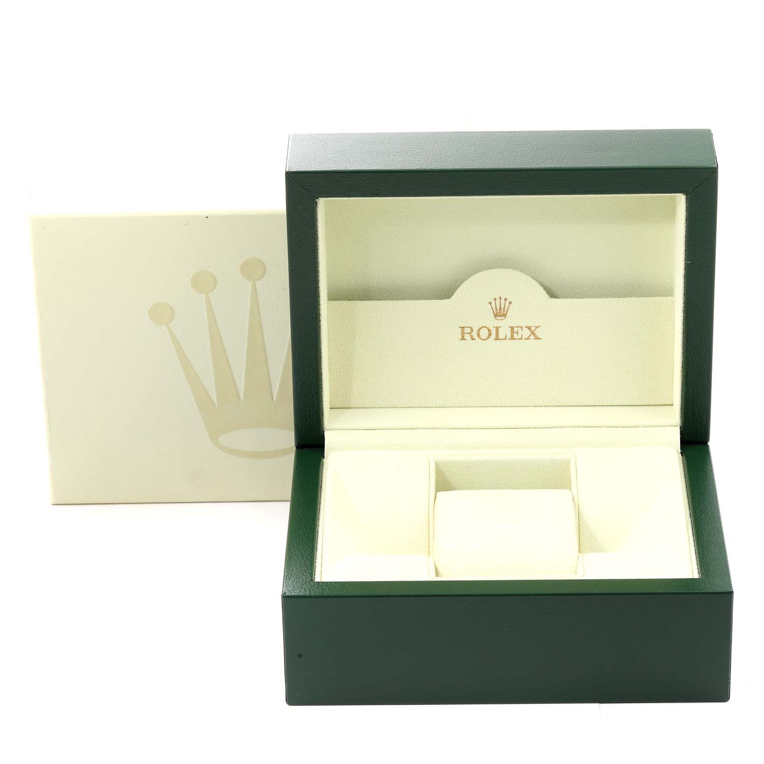 The image shows an open green and beige Rolex Datejust 116234 Men's Stainless Steel Silver Dial 116234 Men's Stainless Steel Silver Dial watch box at a straight-on angle.