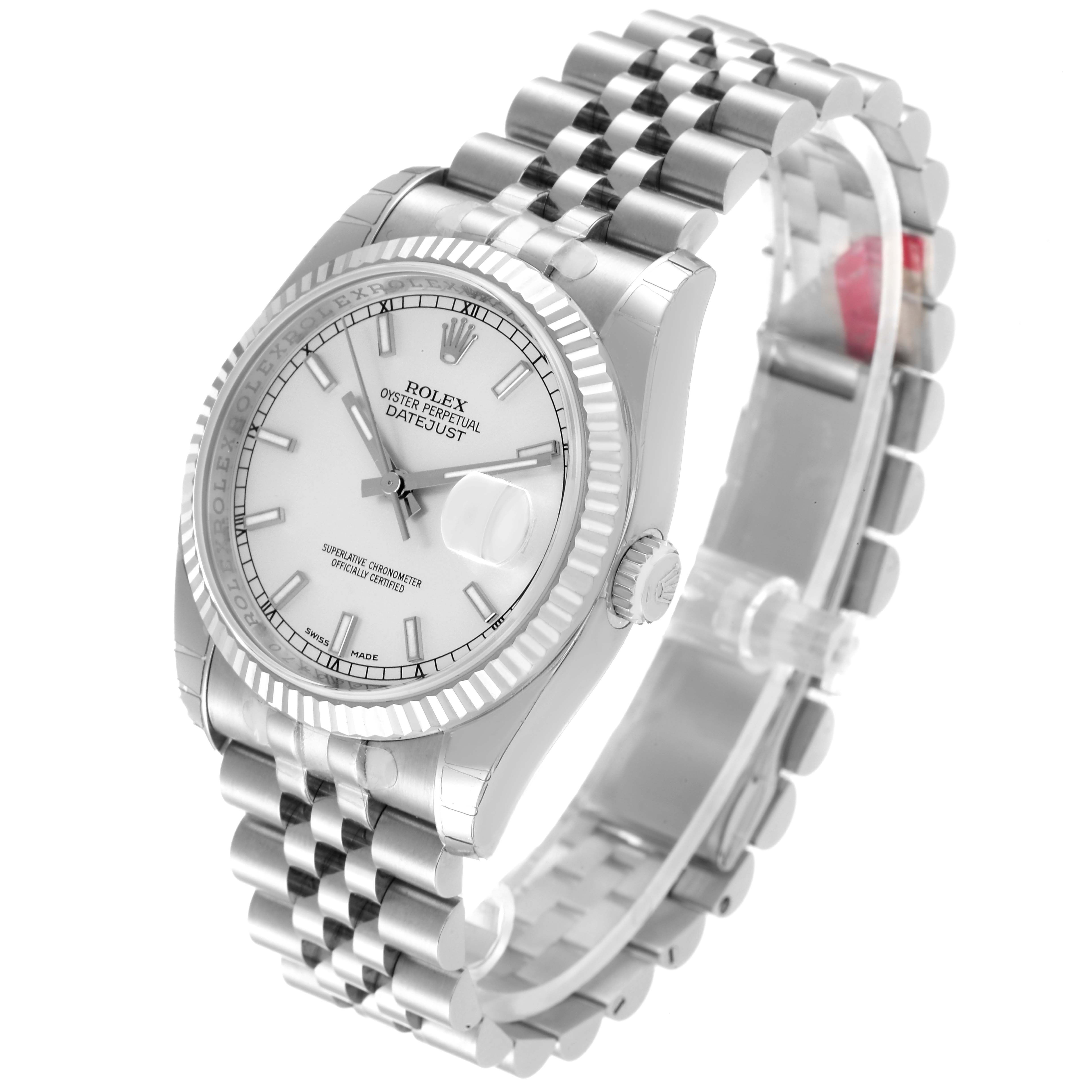 This image shows a side angle of the Rolex Datejust 116234 Men's Stainless Steel Silver Dial 116234 Men's Stainless Steel Silver Dial watch, focusing on the dial, bezel, and bracelet.