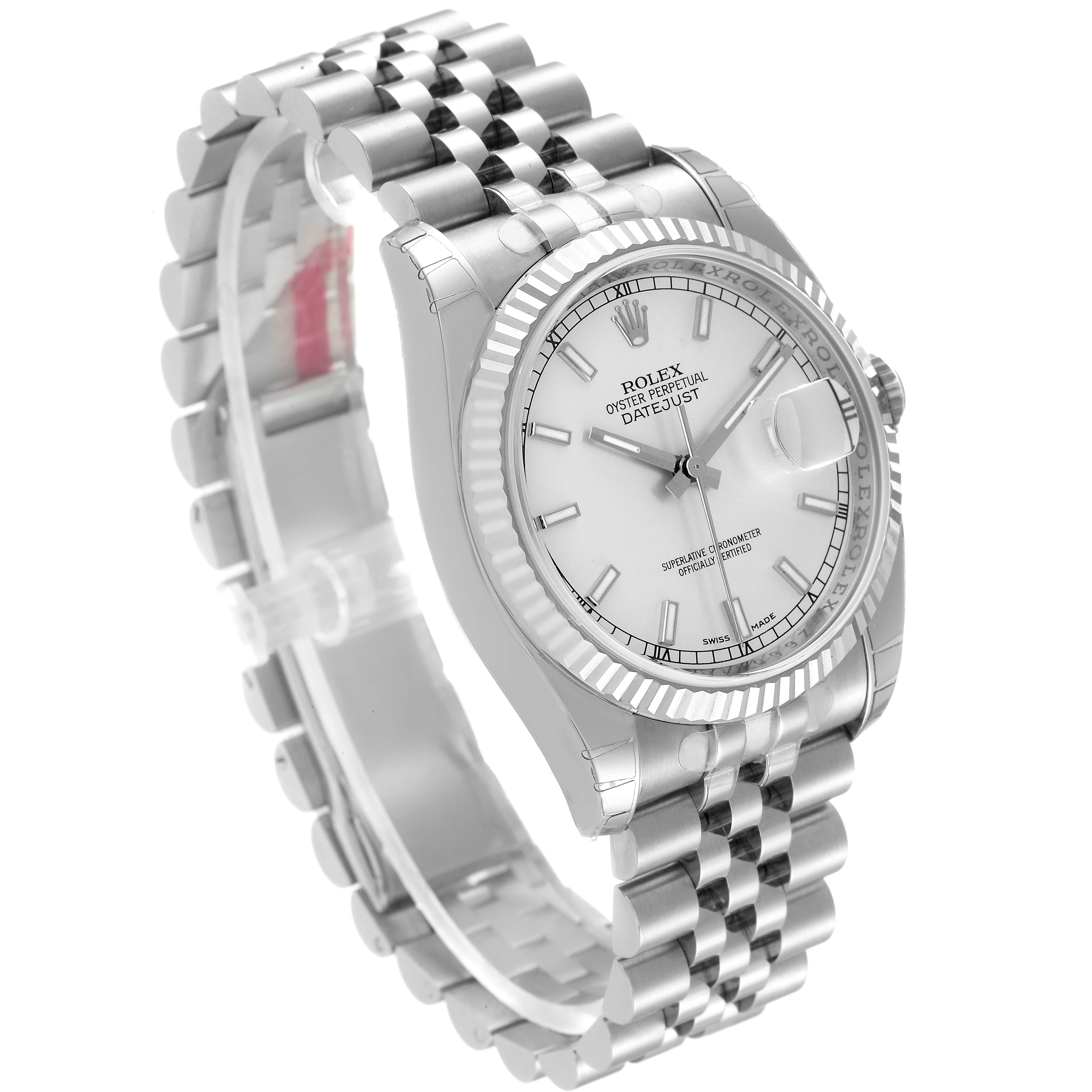 The image shows a Rolex Datejust 116234 Men's Stainless Steel Silver Dial 116234 Men's Stainless Steel Silver Dial watch at a three-quarters angle, highlighting the dial, bracelet, and bezel.