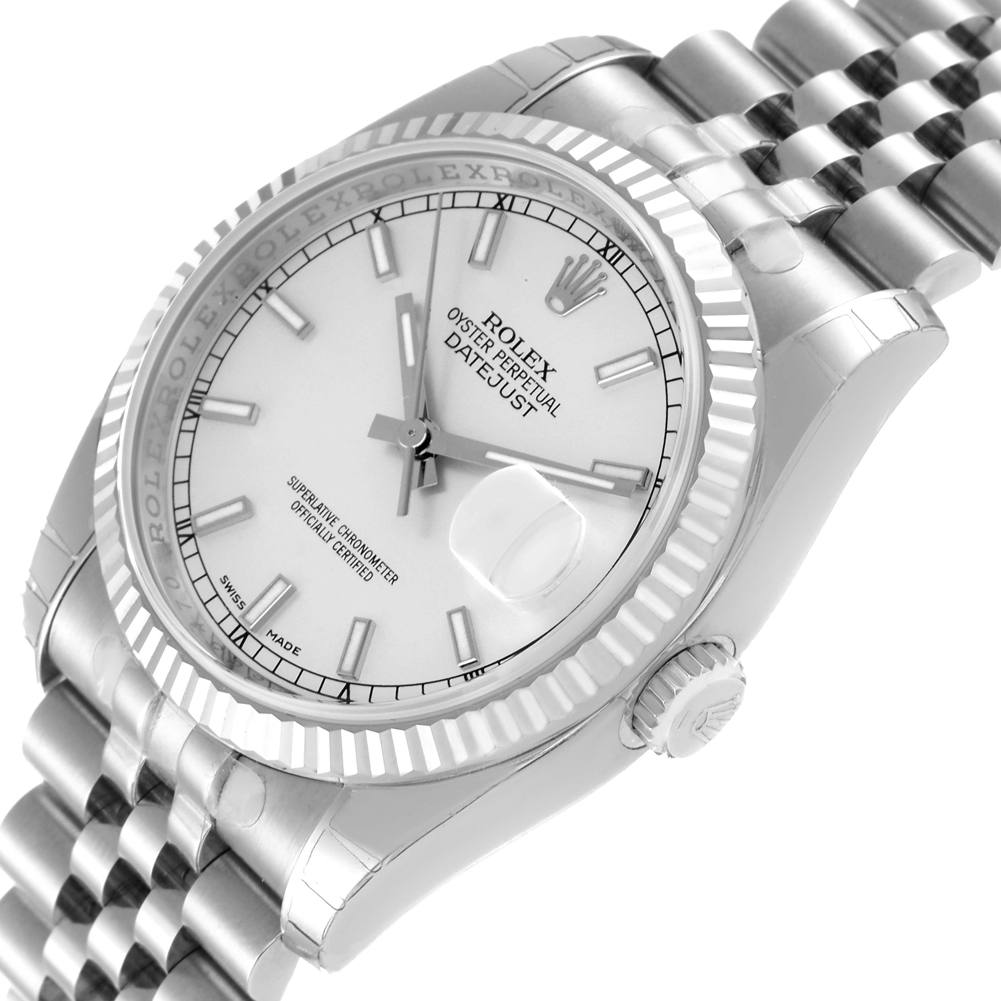 The Rolex Datejust 116234 Men's Stainless Steel Silver Dial 116234 Men's Stainless Steel Silver Dial watch is shown at a 3/4 angle, displaying the face, crown, and part of the bracelet.