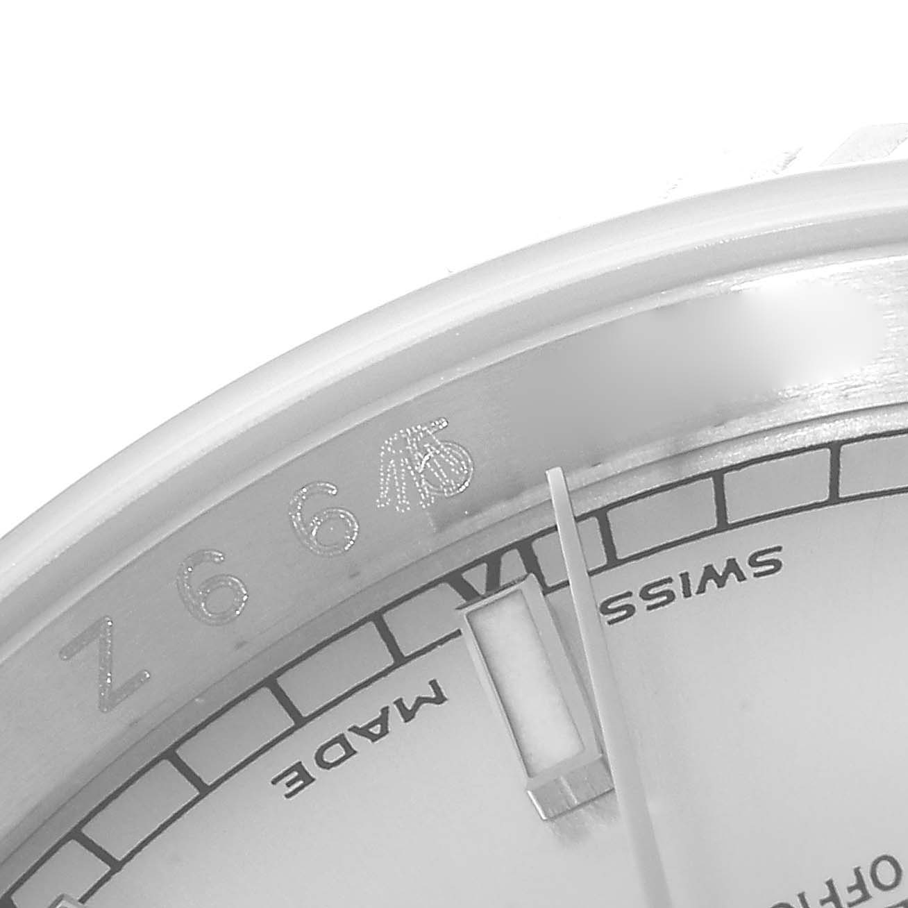 The image shows a close-up of the dial edge and part of the chapter ring of a Rolex Datejust 116234 Men's Stainless Steel Silver Dial 116234 Men's Stainless Steel Silver Dial watch, displaying "Swiss Made."