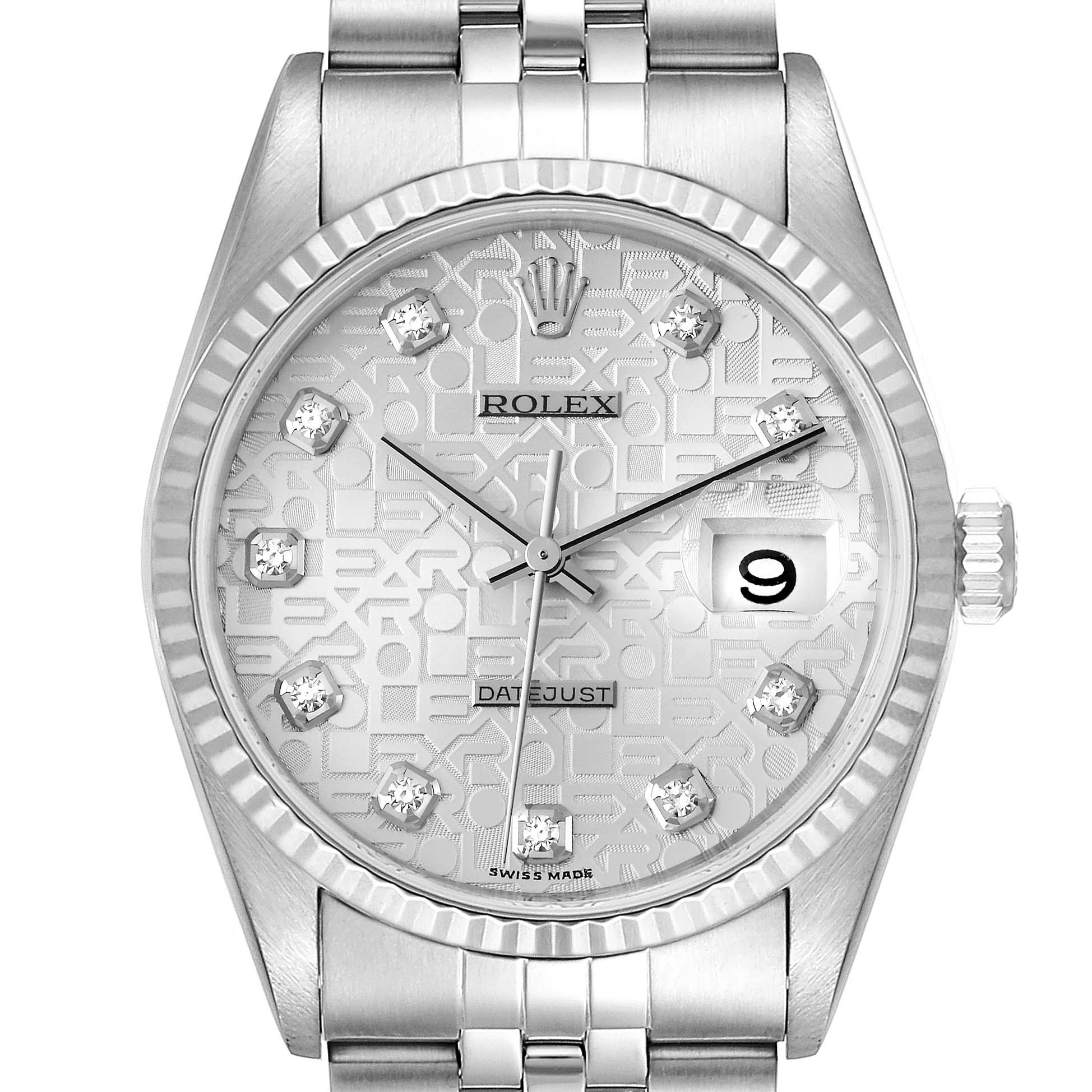 The image shows a Rolex Datejust 16234 Men's Stainless Steel Silver Dial 16234 Men's Stainless Steel Silver Dial watch from a frontal angle, showcasing its dial, bezel, and part of the bracelet.