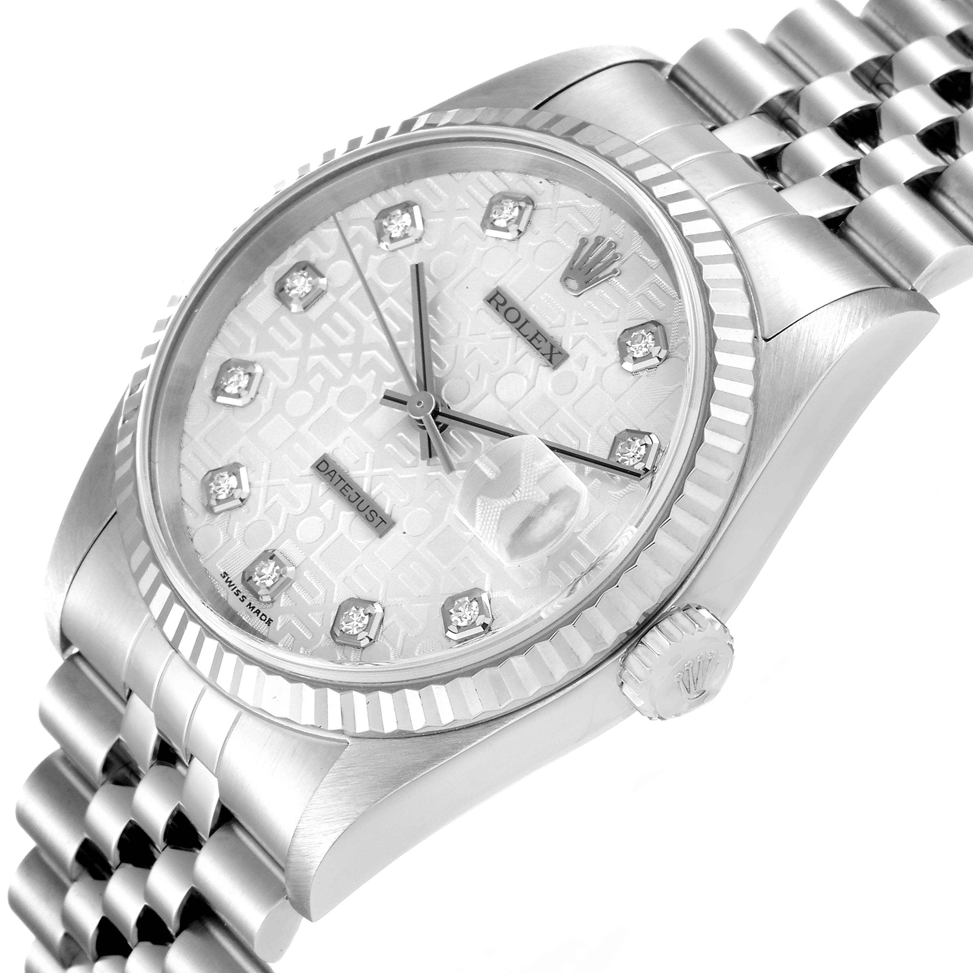 The image shows a close-up angle of a Rolex Datejust 16234 Men's Stainless Steel Silver Dial 16234 Men's Stainless Steel Silver Dial watch, highlighting the dial, bezel, crown, and part of the bracelet.