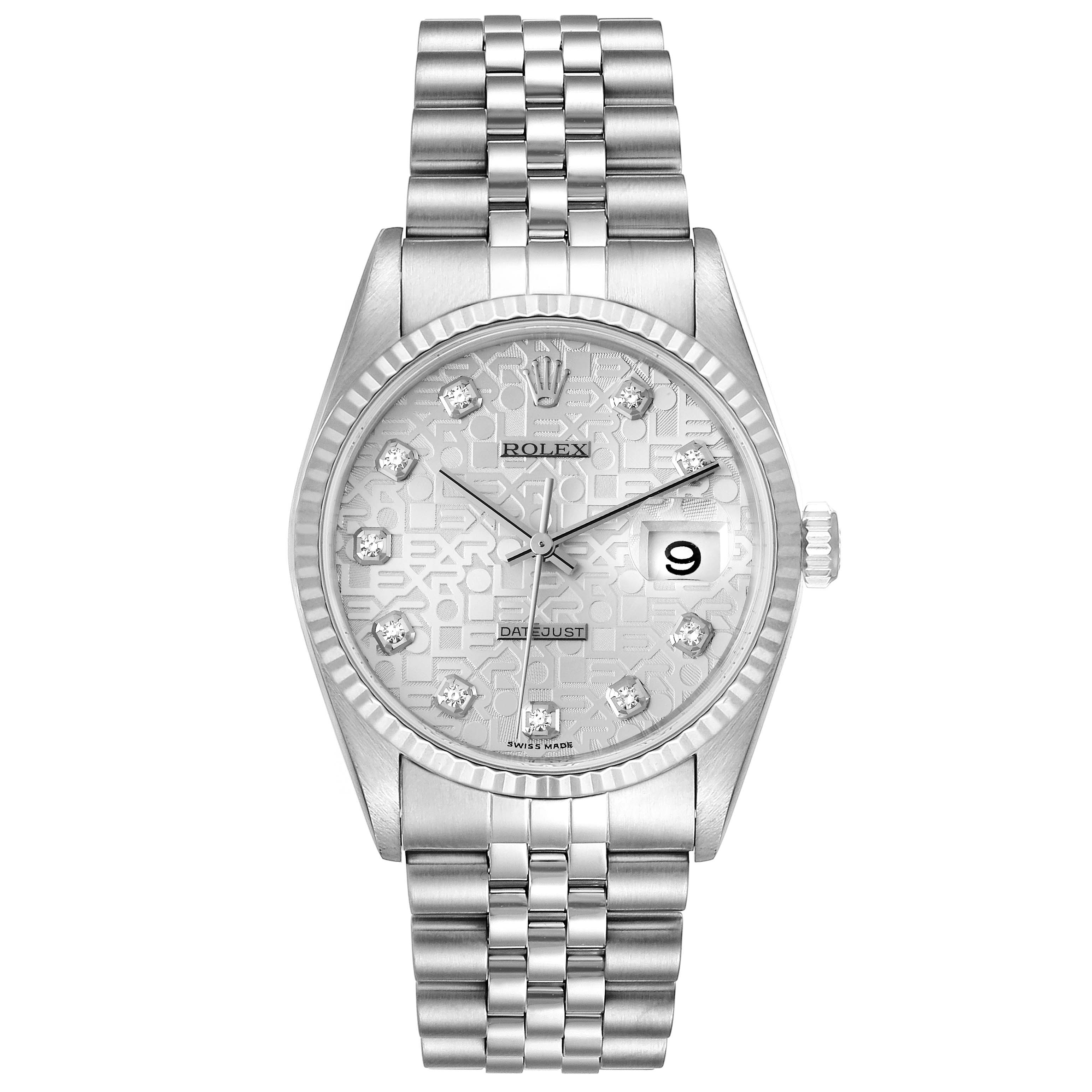 This image shows a front view of a Rolex Datejust 16234 Men's Stainless Steel Silver Dial 16234 Men's Stainless Steel Silver Dial watch, highlighting its dial, bezel, bracelet, and date window.