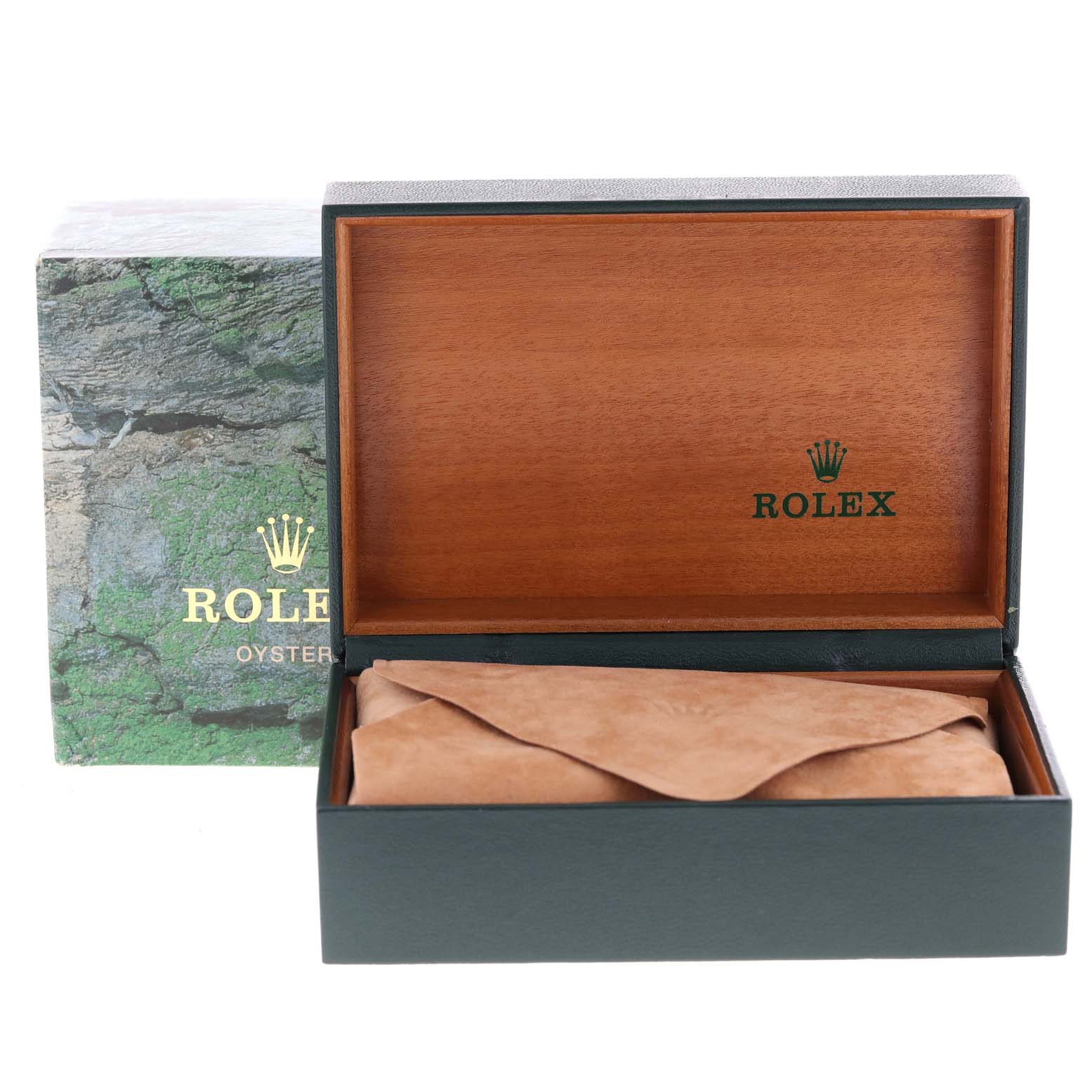 The image shows the open box and packaging for a Rolex Datejust 16234 Men's Stainless Steel Silver Dial 16234 Men's Stainless Steel Silver Dial watch, including a protective pouch inside.