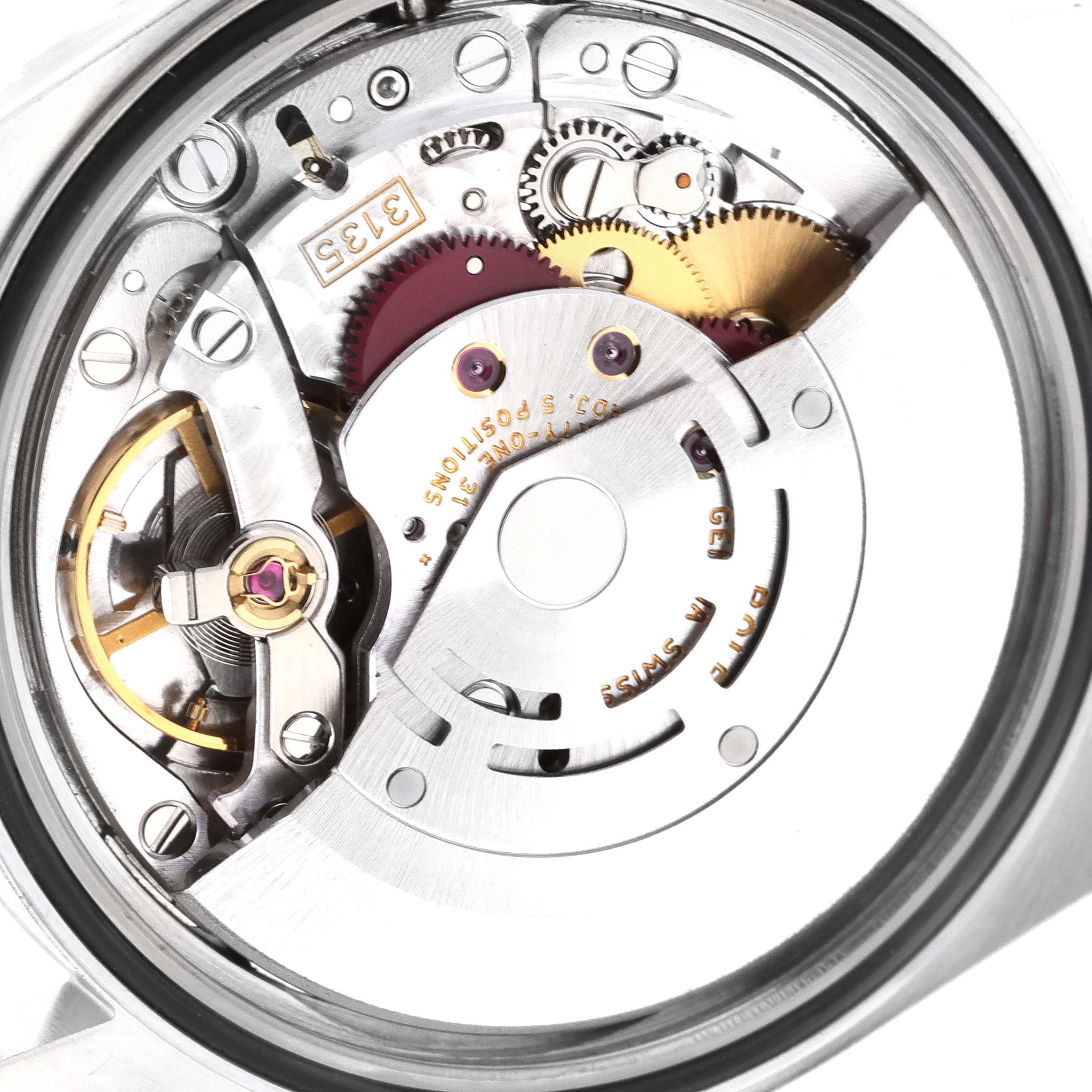 The image shows the internal mechanical movement of a Rolex Datejust 16234 Men's Stainless Steel Silver Dial 16234 Men's Stainless Steel Silver Dial watch, viewed from the back.