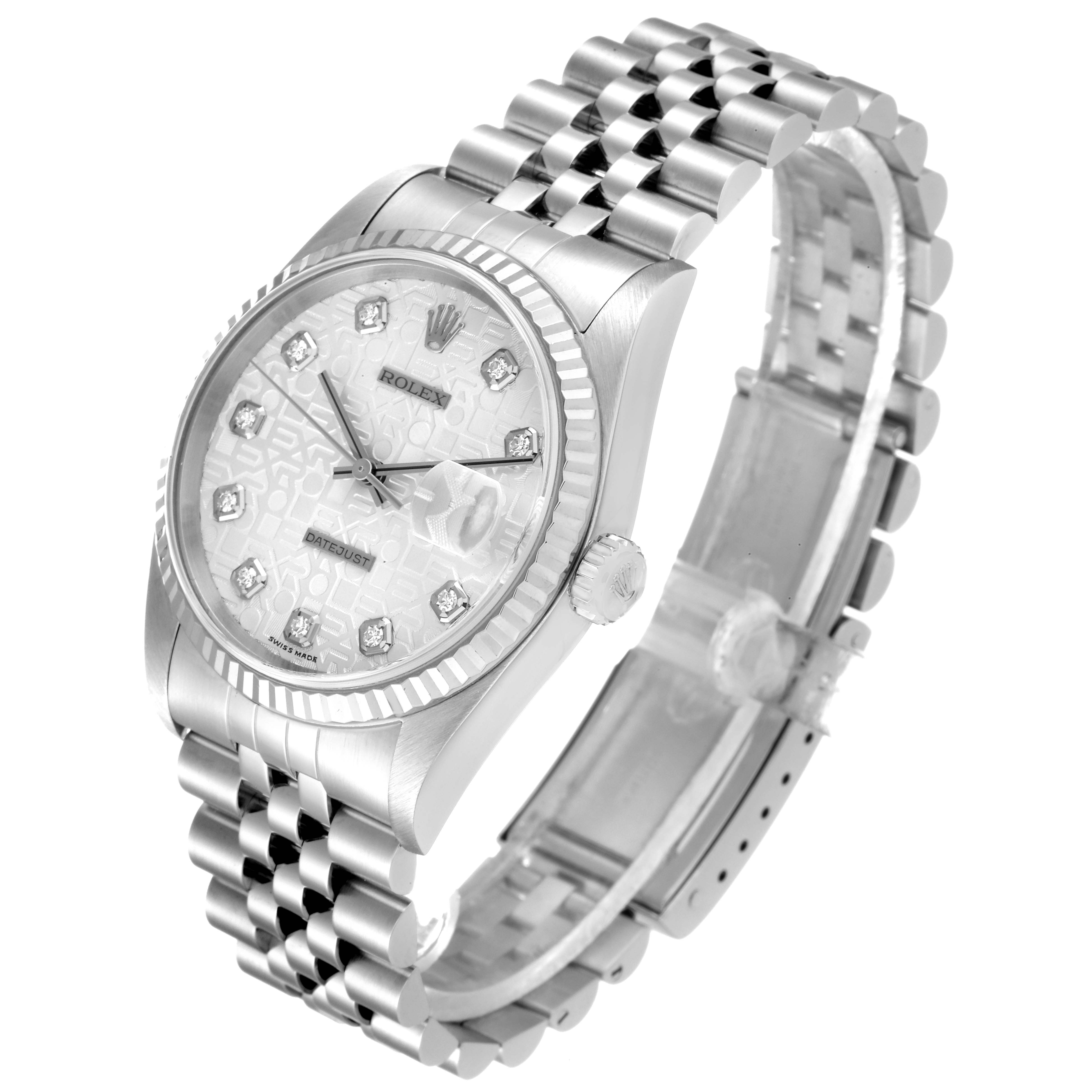 The image shows a Rolex Datejust 16234 Men's Stainless Steel Silver Dial 16234 Men's Stainless Steel Silver Dial watch from an angled side view, highlighting the dial, fluted bezel, and jubilee bracelet.
