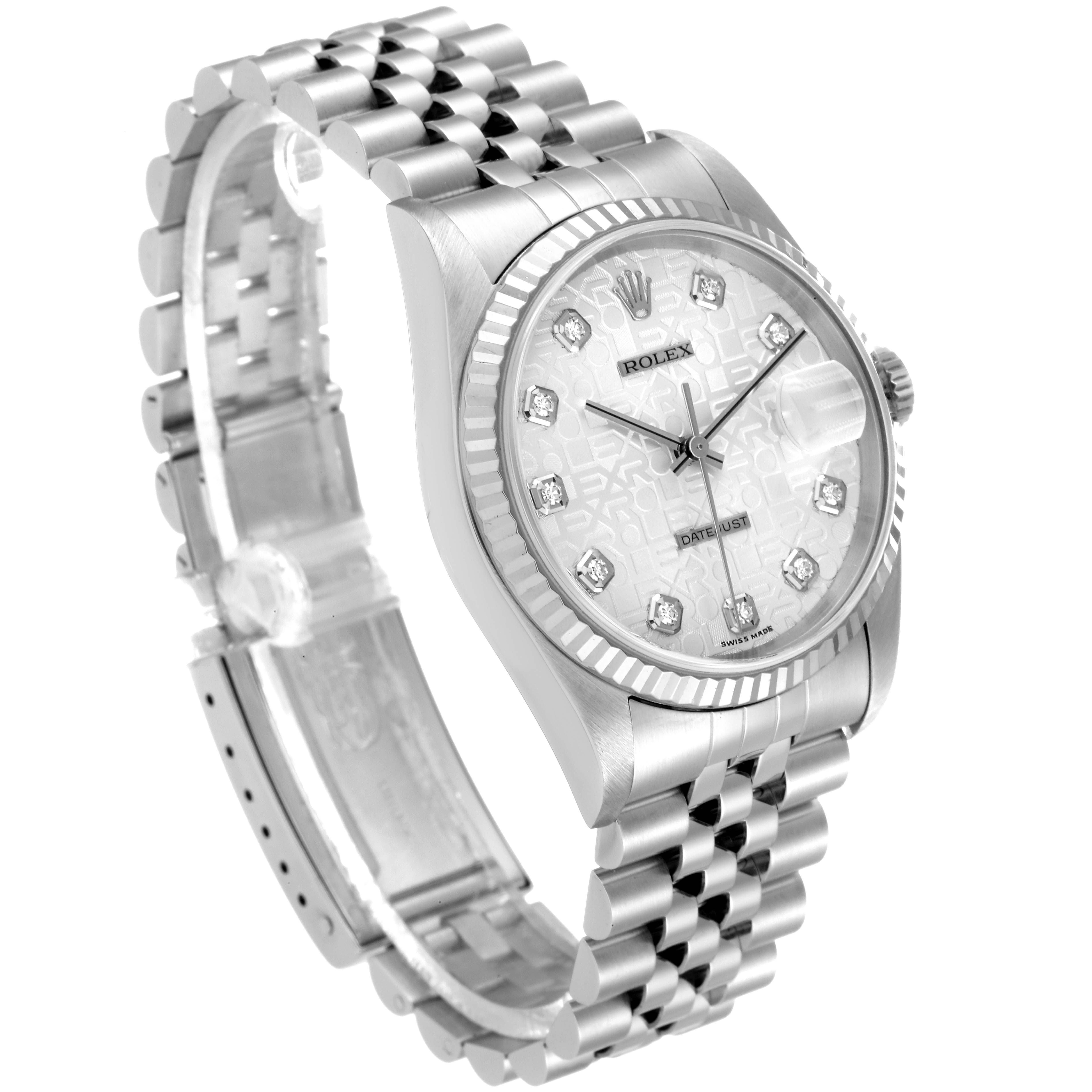 The Rolex Datejust 16234 Men's Stainless Steel Silver Dial 16234 Men's Stainless Steel Silver Dial watch is shown at a three-quarter angle, displaying its face, bezel, and bracelet.