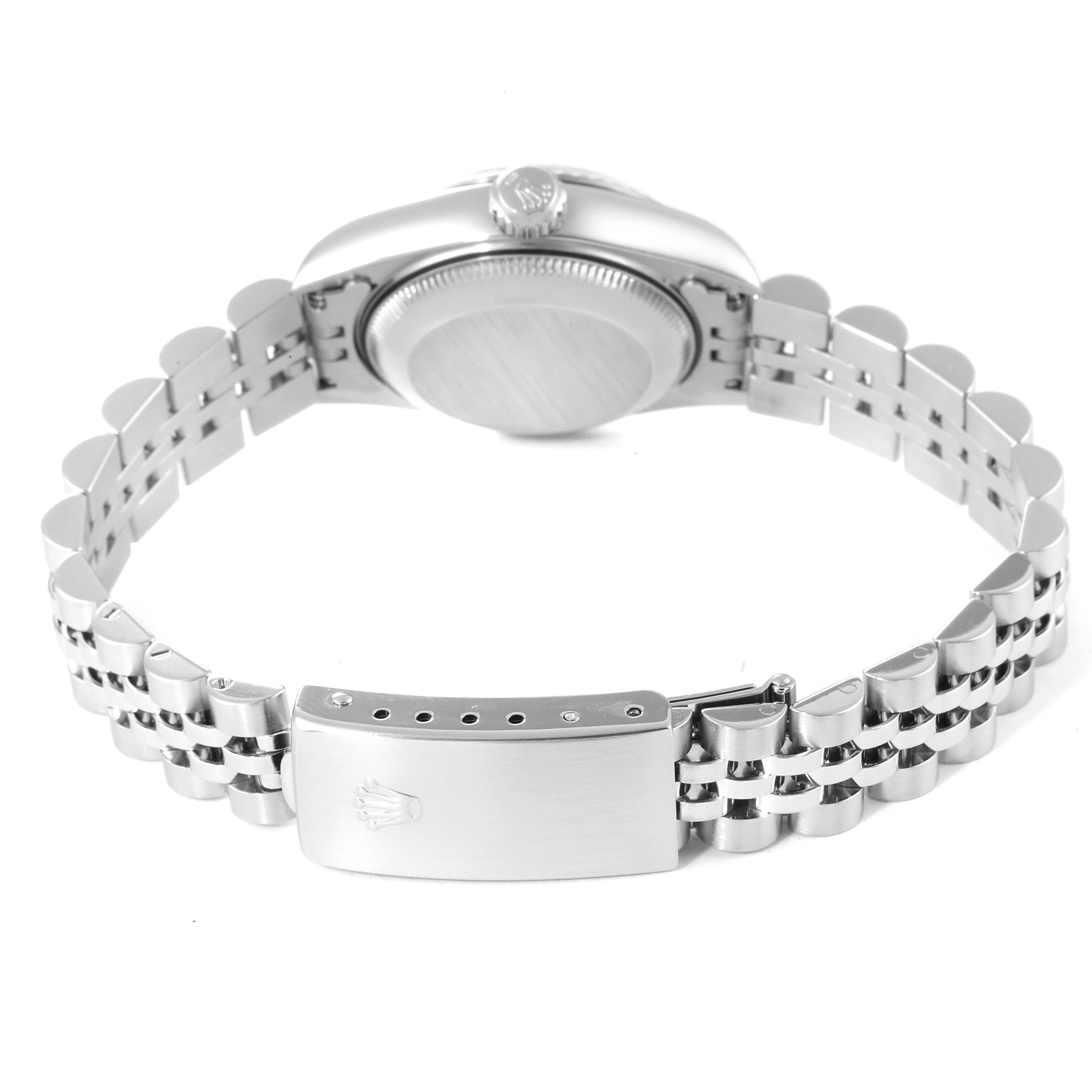 This image shows the back side of the Rolex Datejust 69174 Women's Stainless Steel Silver Dial 69174 Women's Stainless Steel Silver Dial watch, focusing on its case and bracelet clasp.