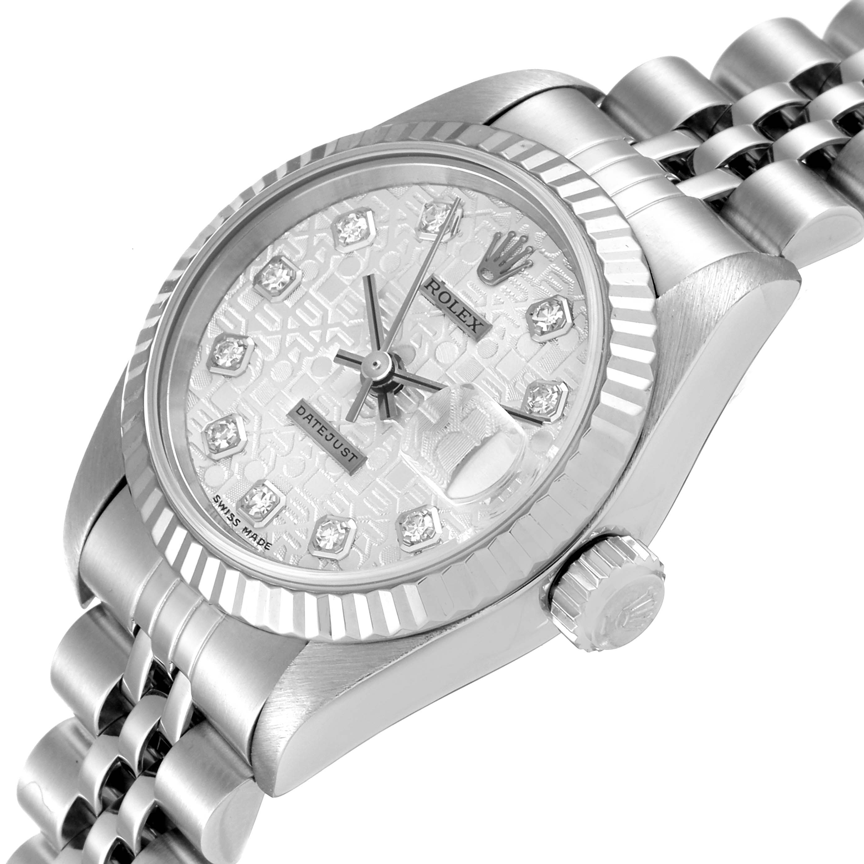 The image shows a close-up angled view of the Rolex Datejust 69174 Women's Stainless Steel Silver Dial 69174 Women's Stainless Steel Silver Dial watch, focusing on the dial, bezel, and part of the bracelet.