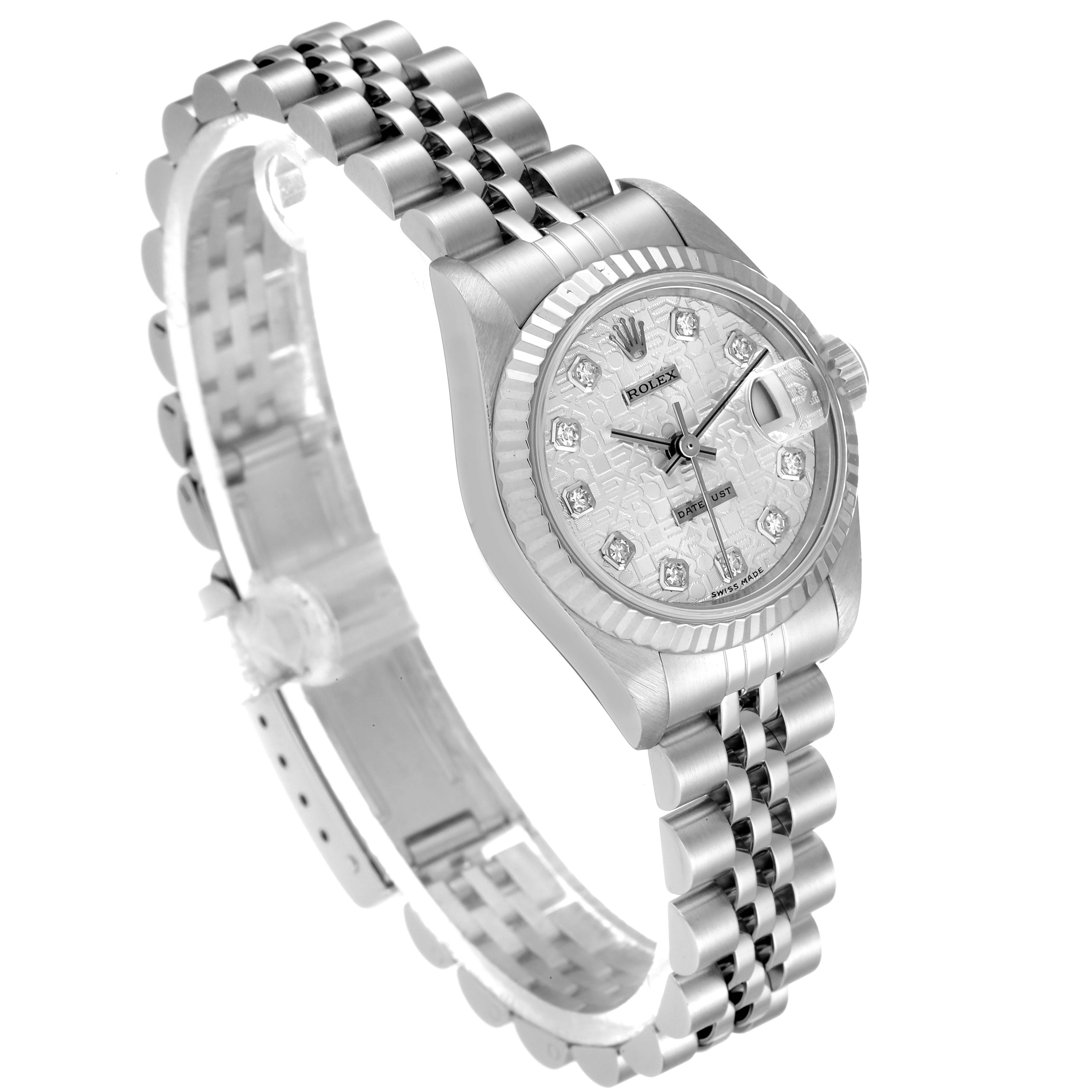 The Rolex Datejust 69174 Women's Stainless Steel Silver Dial 69174 Women's Stainless Steel Silver Dial watch is shown from a side angle featuring the face, bezel, crown, and bracelet.