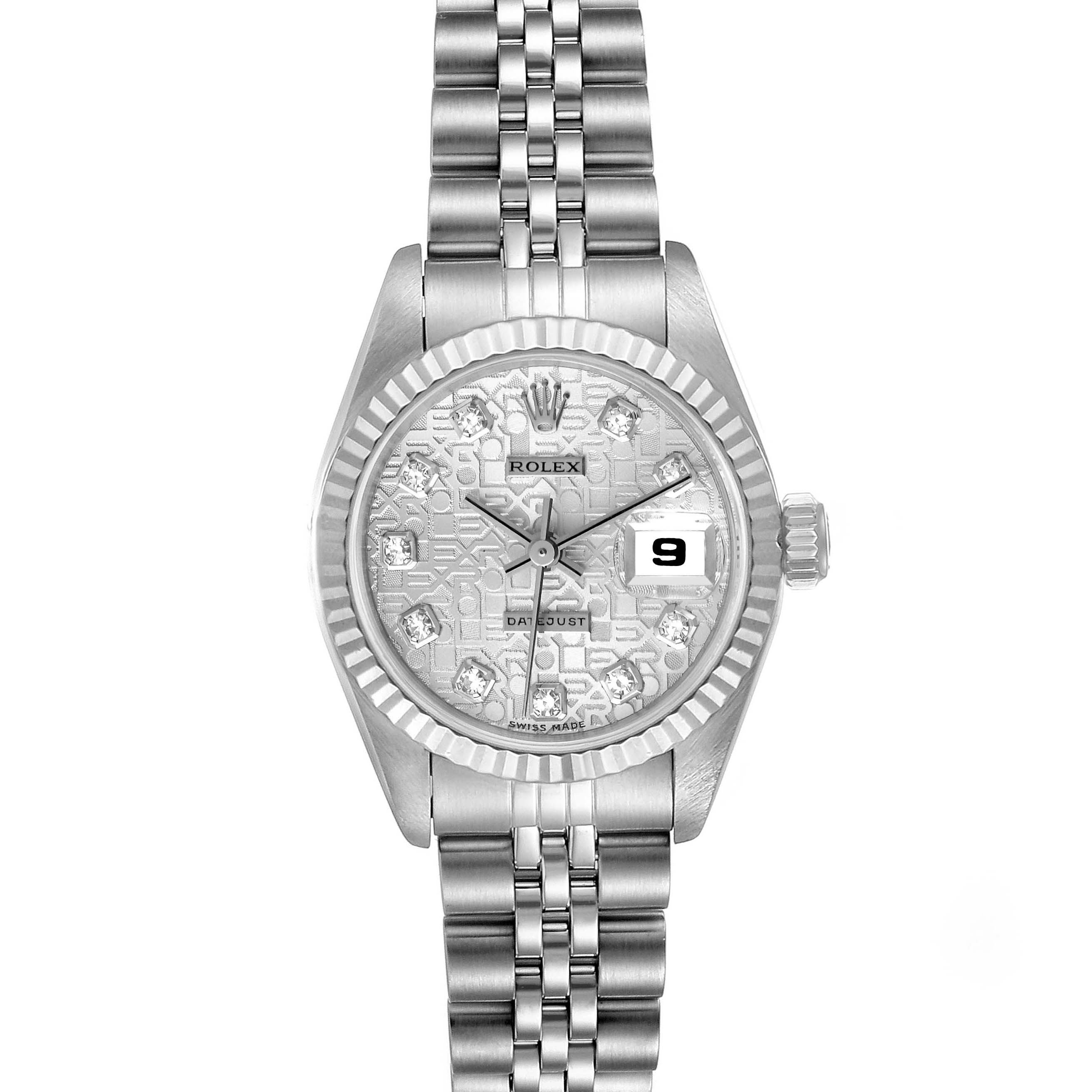 This image shows a Rolex Datejust 69174 Women's Stainless Steel Silver Dial 69174 Women's Stainless Steel Silver Dial watch from the front, displaying the dial, bezel, bracelet, and date window.