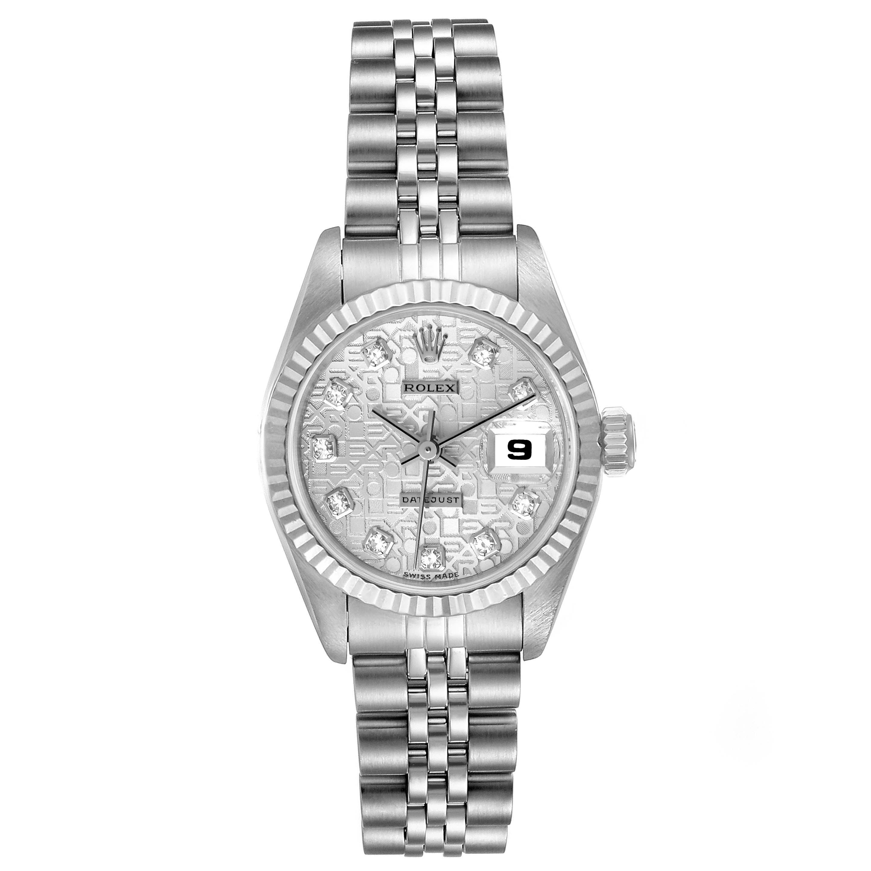This image shows a frontal view of the Rolex Datejust 69174 Women's Stainless Steel Silver Dial 69174 Women's Stainless Steel Silver Dial watch, showcasing its dial, bezel, crown, and bracelet.