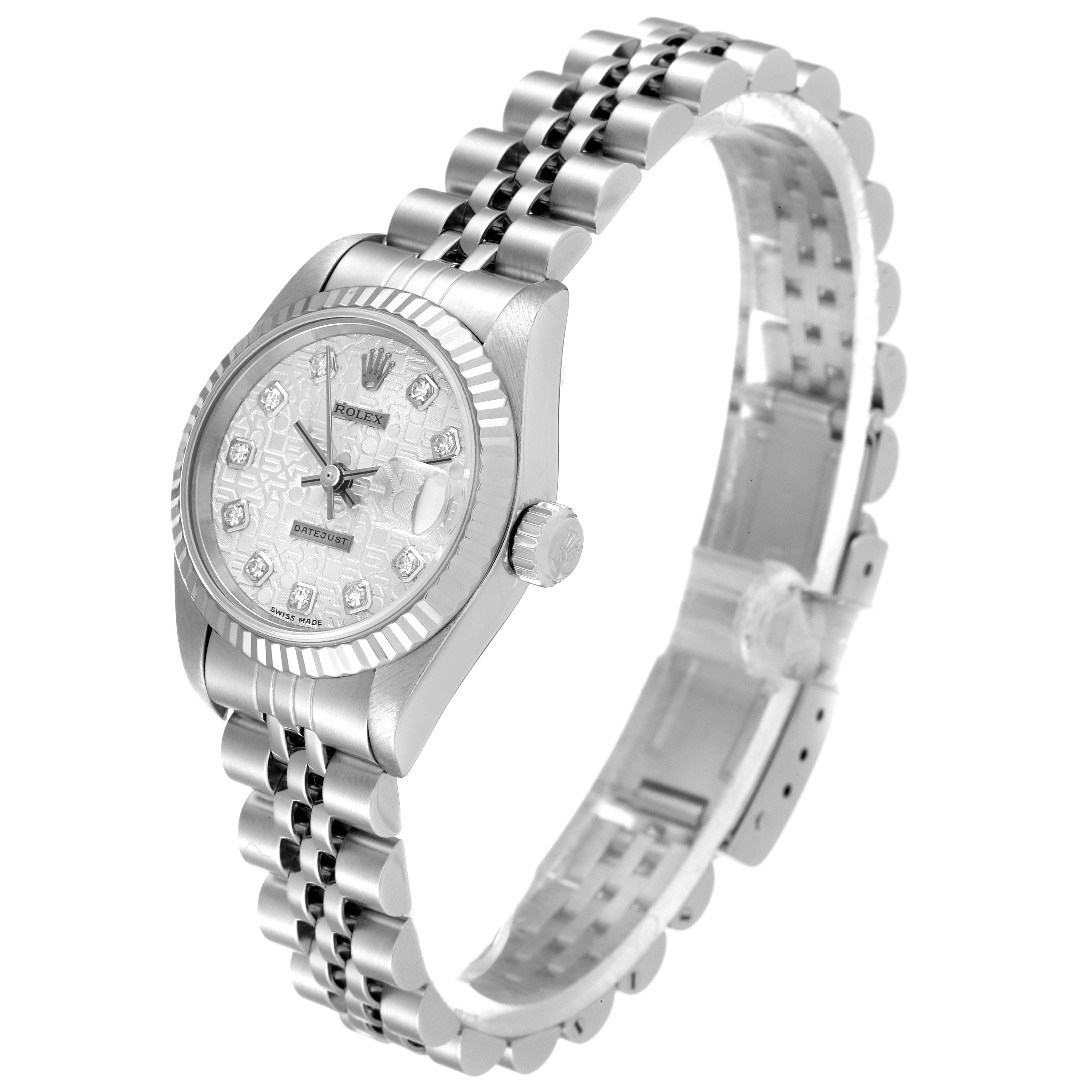 This image shows a Rolex Datejust 69174 Women's Stainless Steel Silver Dial 69174 Women's Stainless Steel Silver Dial watch at an angle, highlighting the face,  crown, and bracelet.