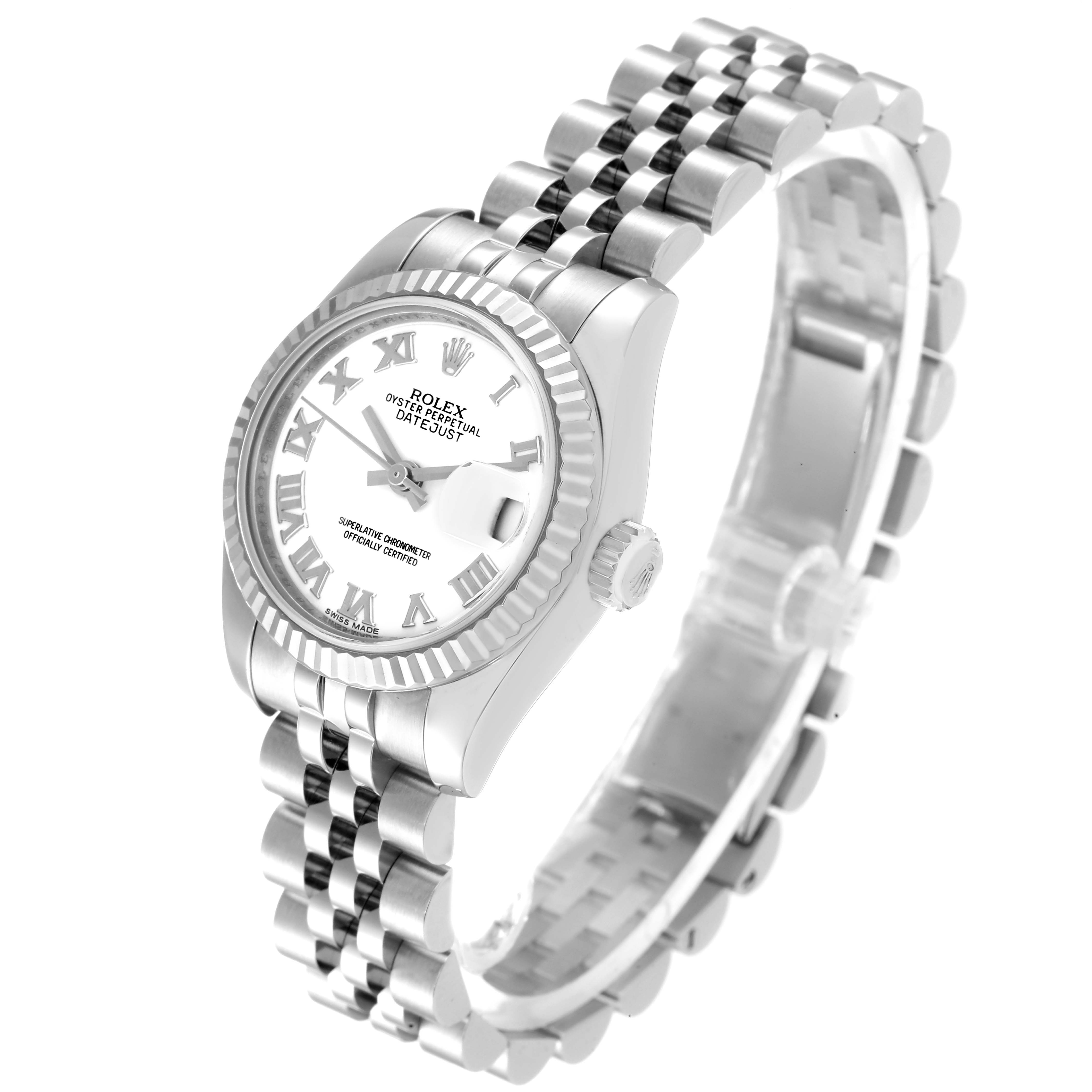 The image shows a Rolex Datejust 179174 Women's Stainless Steel White Dial 179174 Women's Stainless Steel White Dial watch at a slight angle, highlighting the face, bezel, crown, and bracelet.