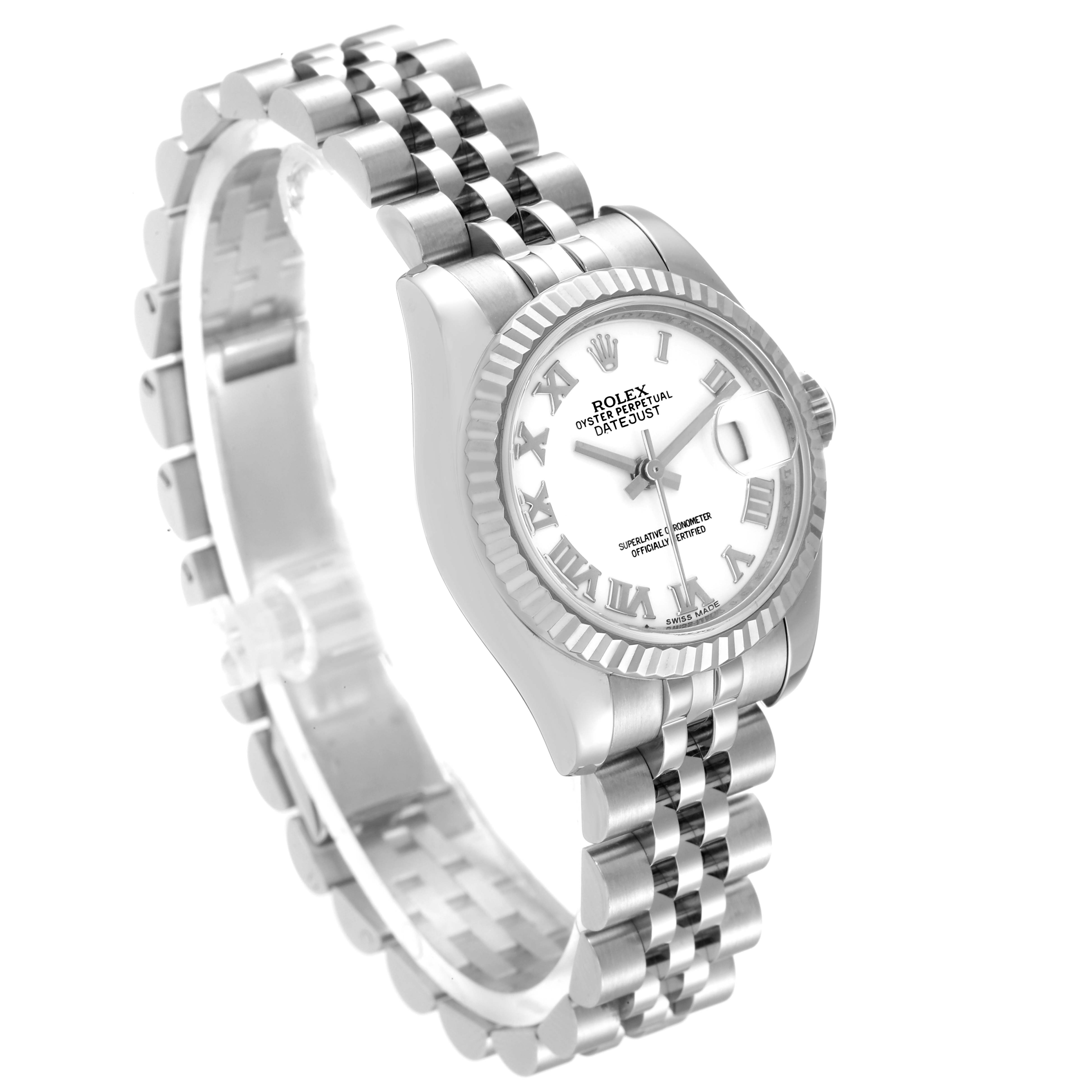 The image shows a Rolex Datejust 179174 Women's Stainless Steel White Dial 179174 Women's Stainless Steel White Dial watch at an oblique angle, highlighting its dial, fluted bezel, and Jubilee bracelet.