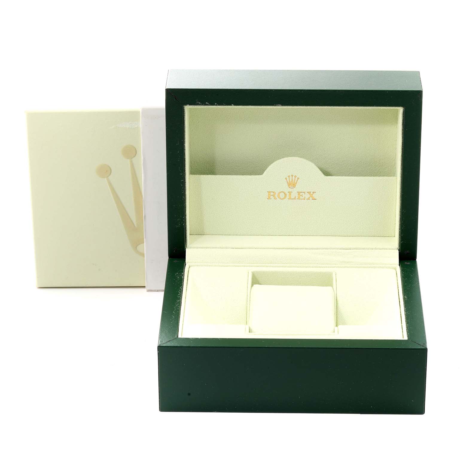 The image shows an open Rolex Datejust 179174 Women's Stainless Steel White Dial 179174 Women's Stainless Steel White Dial watch box and outer packaging from a frontal angle.