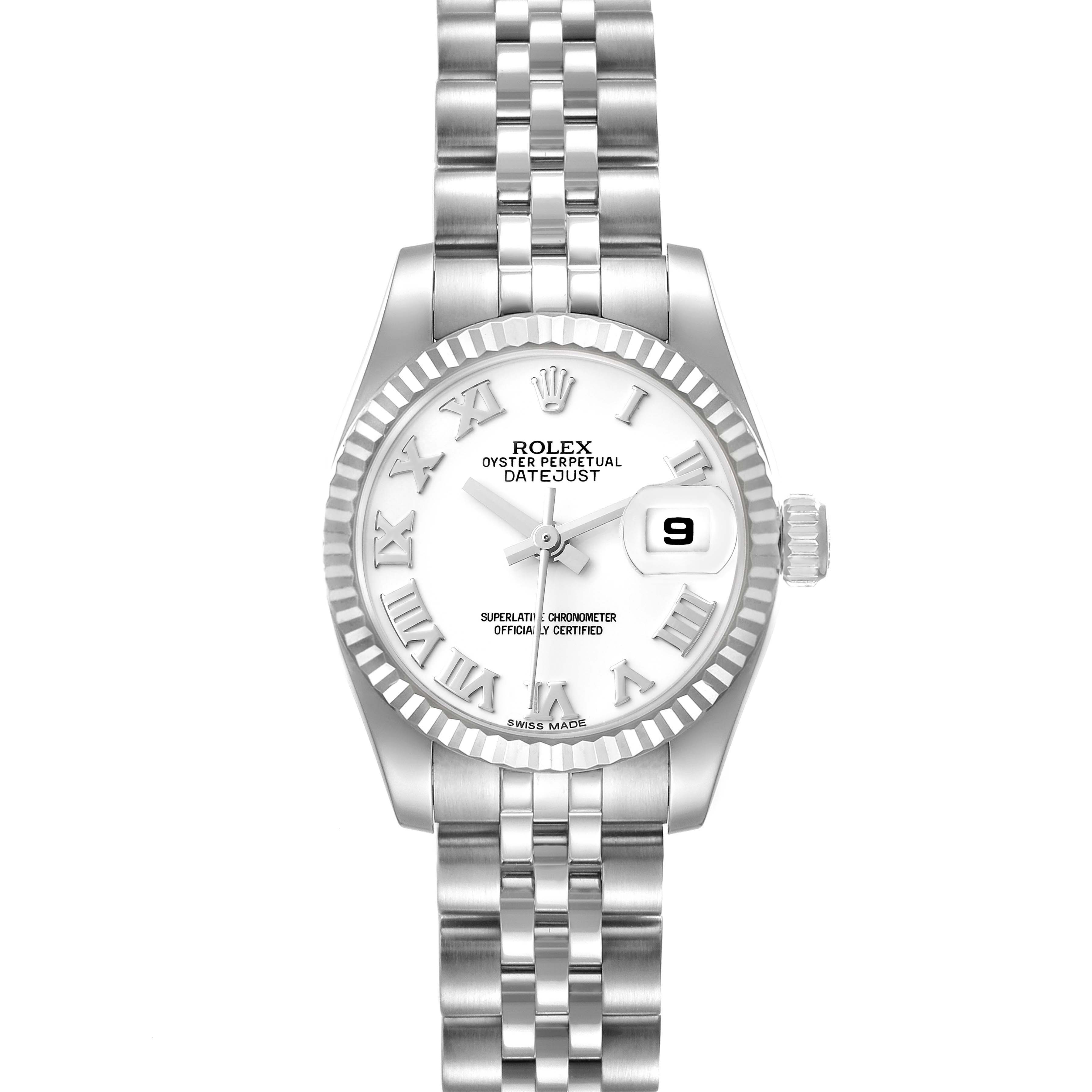 The image shows a Rolex Datejust 179174 Women's Stainless Steel White Dial 179174 Women's Stainless Steel White Dial watch from a front view, displaying its face, bezel, and bracelet.
