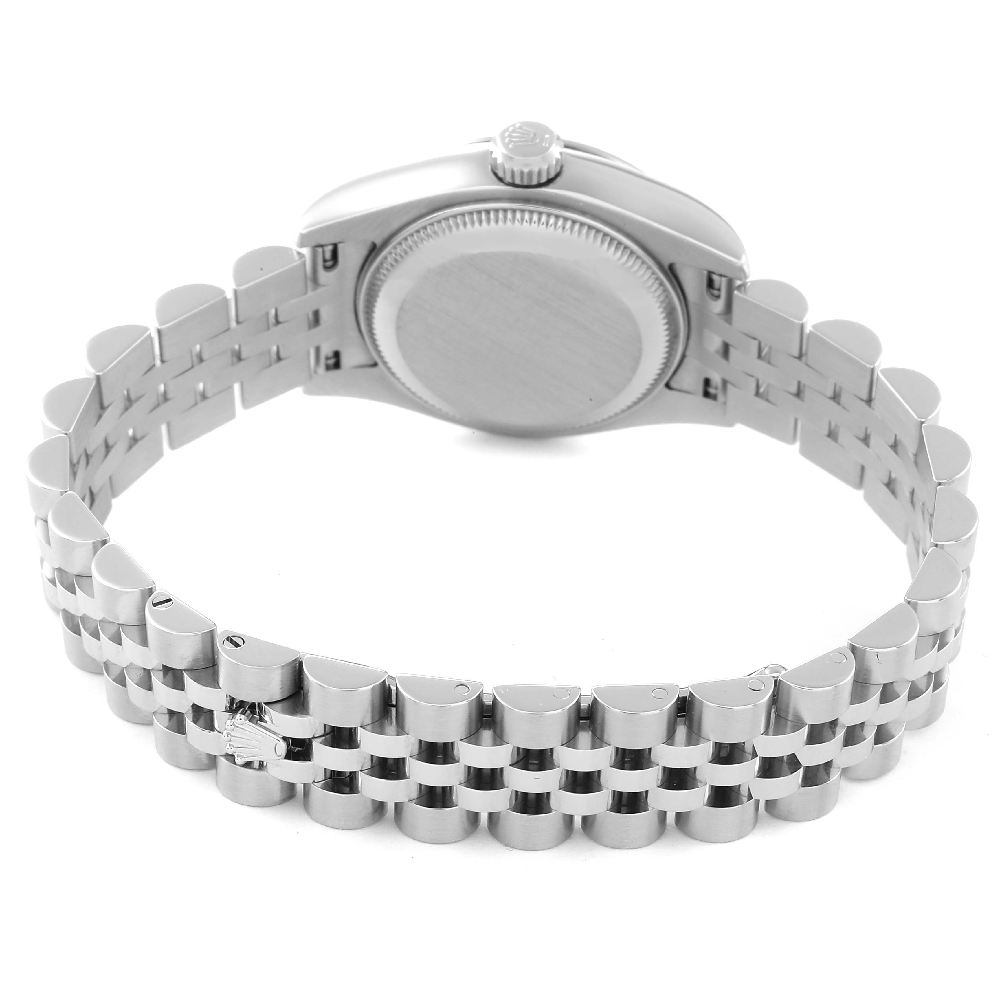 The image shows the back view of a Rolex Datejust 179174 Women's Stainless Steel White Dial 179174 Women's Stainless Steel White Dial watch, highlighting the bracelet and the case back.