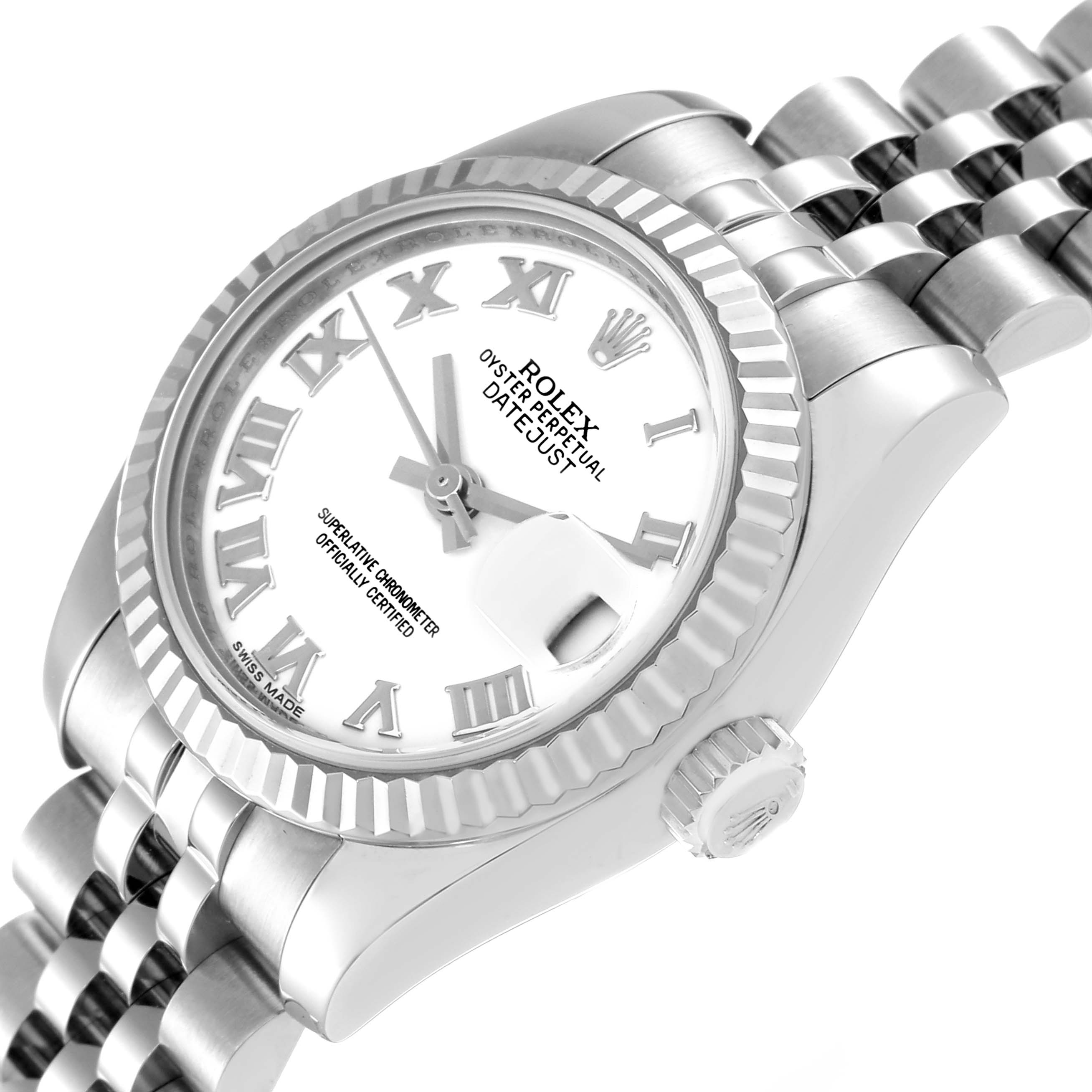 The image shows a Rolex Datejust 179174 Women's Stainless Steel White Dial 179174 Women's Stainless Steel White Dial watch at a three-quarter angle, highlighting the face, bezel, crown, and part of the bracelet.