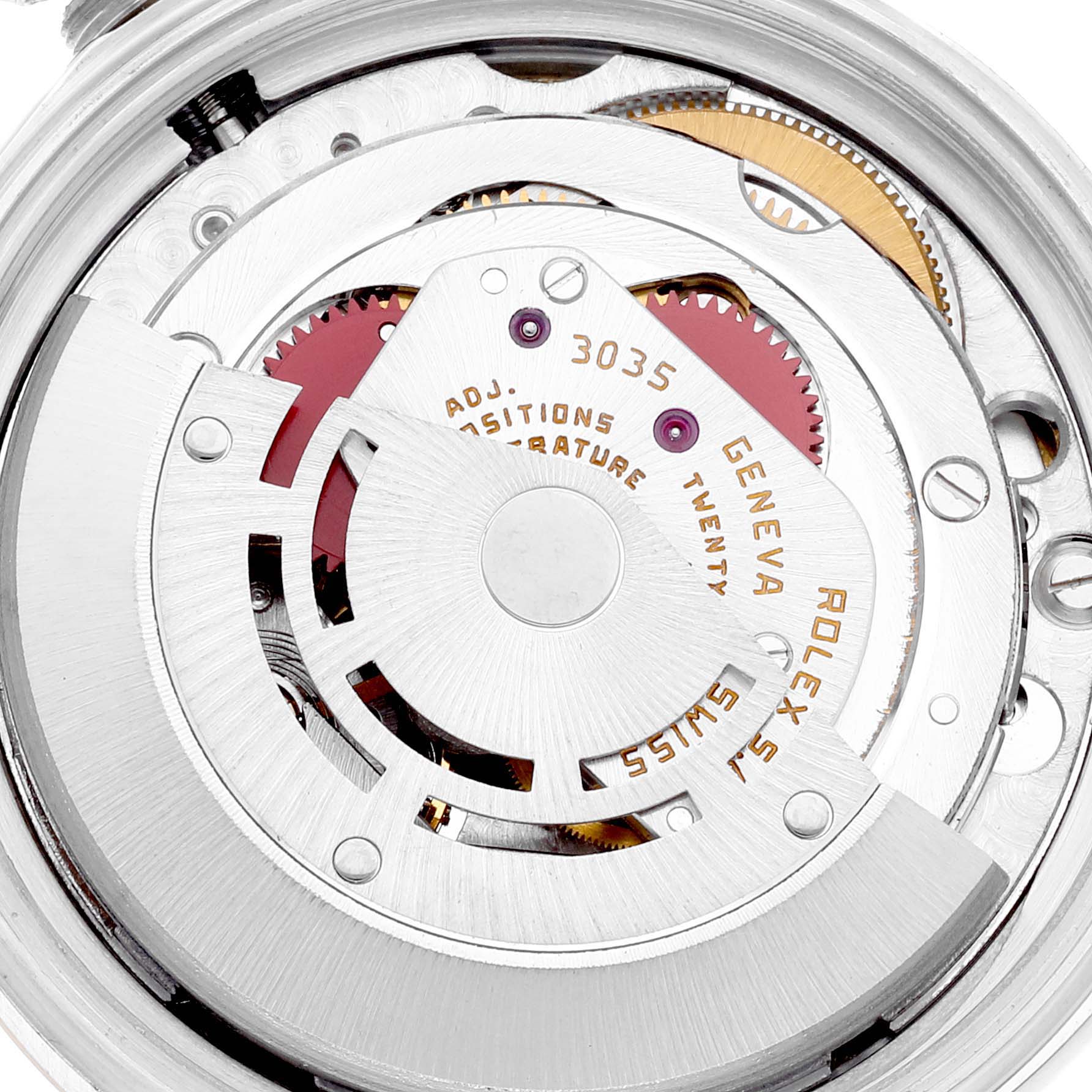 The image shows a close-up view of the mechanism inside a Rolex Datejust 16013 Men's Steel and Gold (two tone) Champagne Dial 16013 Men's Steel and Gold (two tone) Champagne Dial watch, highlighting its intricate movement parts.