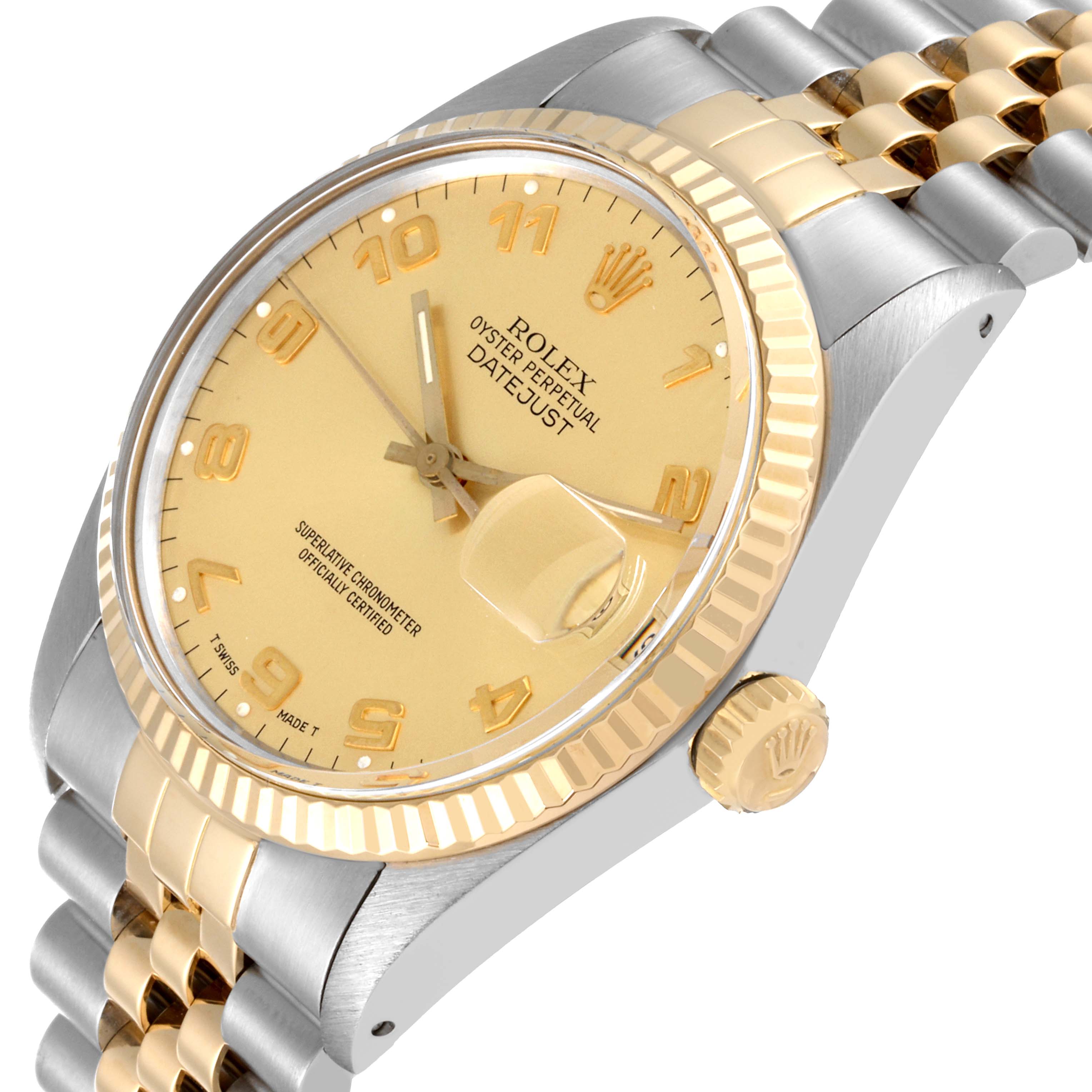 The image shows a close-up angled view of the Rolex Datejust 16013 Men's Steel and Gold (two tone) Champagne Dial 16013 Men's Steel and Gold (two tone) Champagne Dial watch, highlighting its dial, bezel, crown, and part of the bracelet.