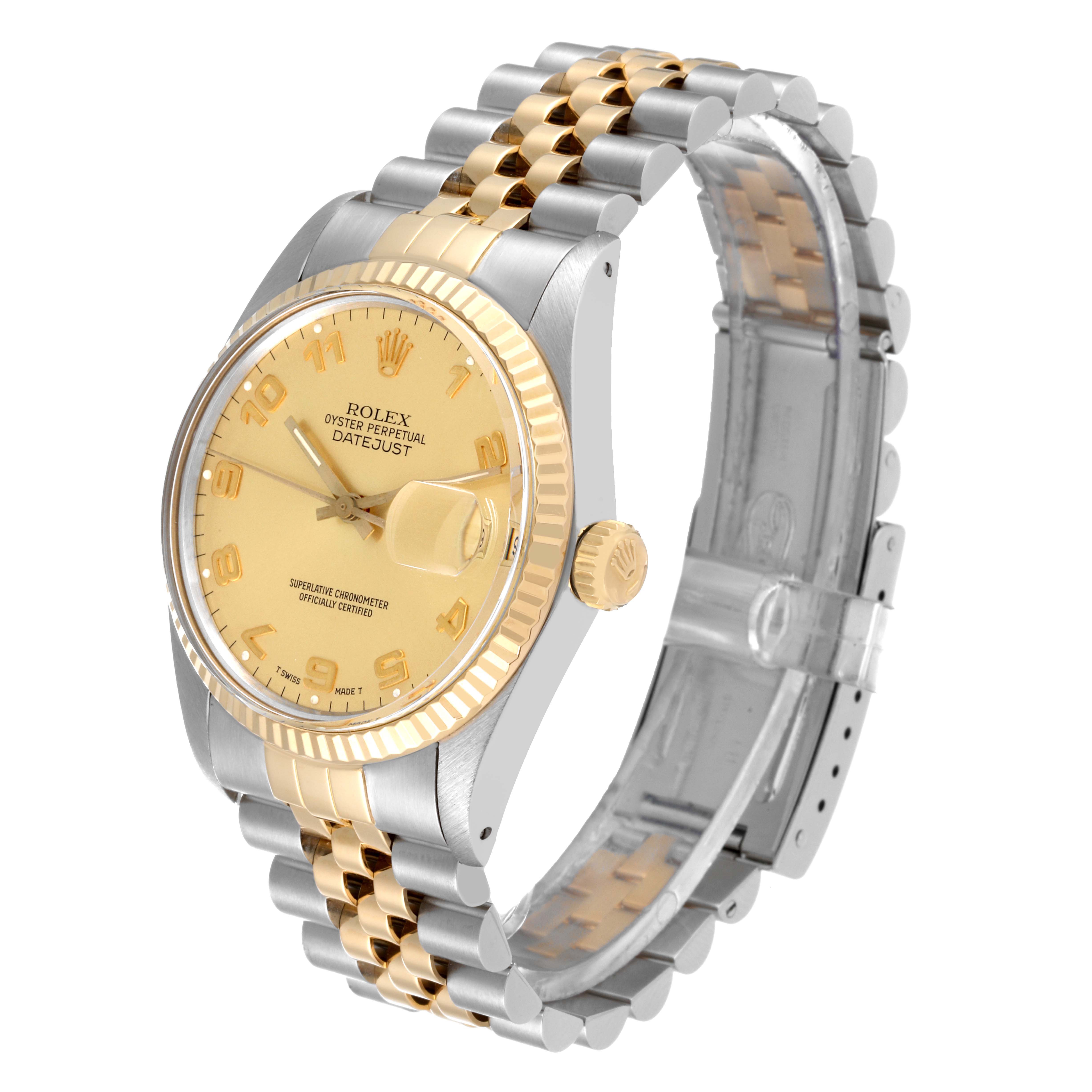 The image shows a side and front angle of a Rolex Datejust 16013 Men's Steel and Gold (two tone) Champagne Dial 16013 Men's Steel and Gold (two tone) Champagne Dial watch, highlighting its dual-tone gold and silver bracelet, and champagne dial.
