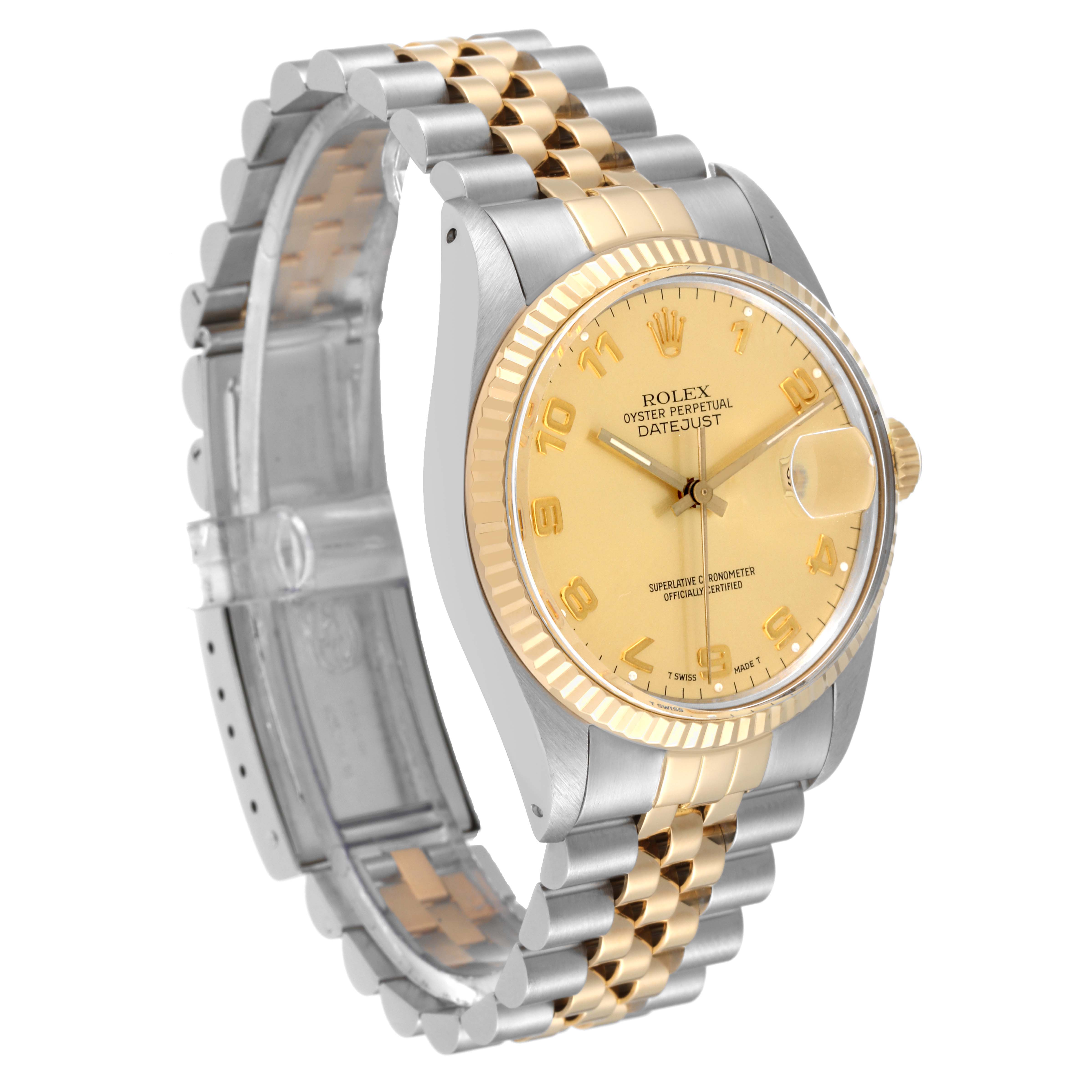 The image shows a Rolex Datejust 16013 Men's Steel and Gold (two tone) Champagne Dial 16013 Men's Steel and Gold (two tone) Champagne Dial watch angled to display the face, crown, and partially the bracelet.