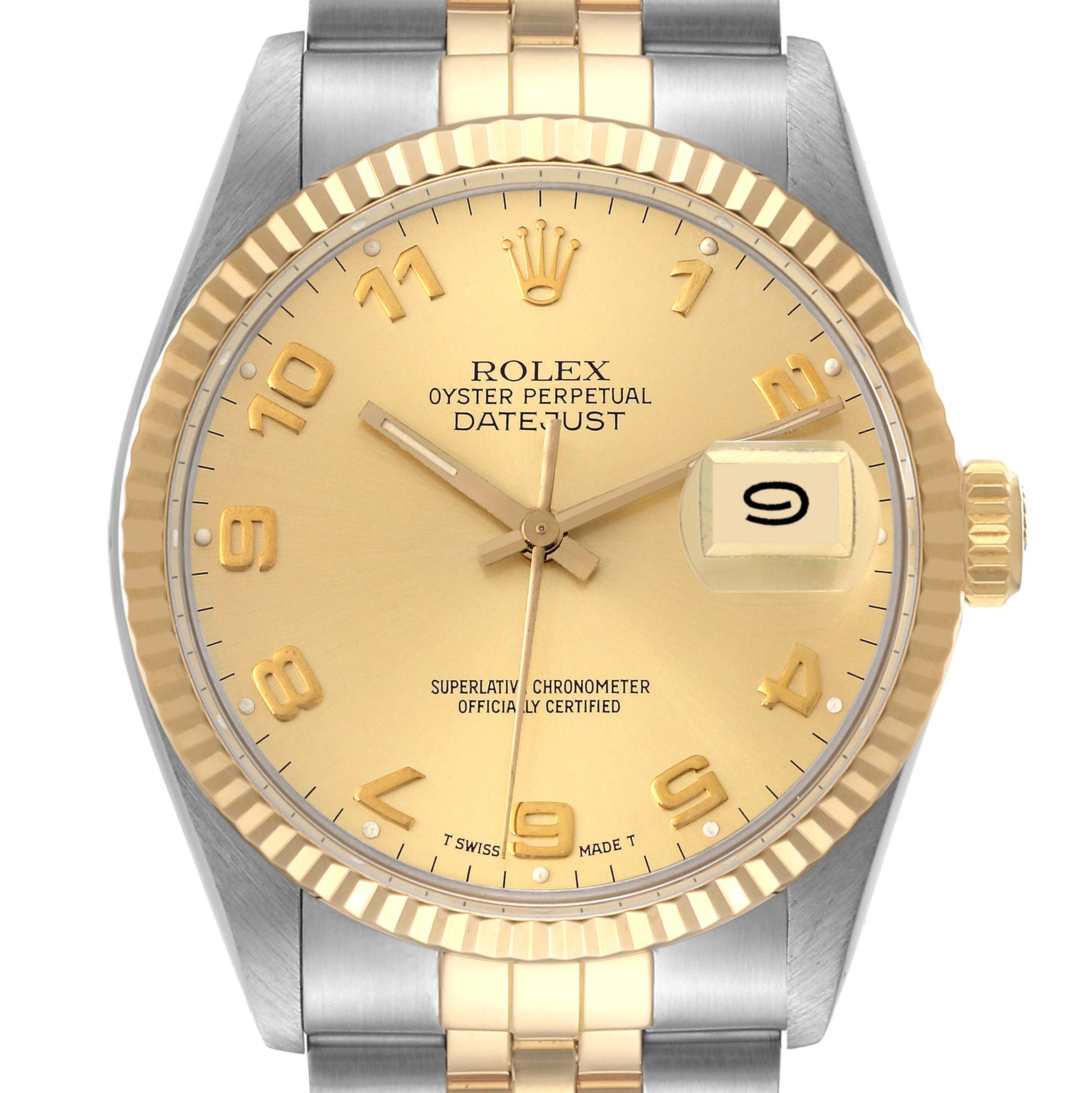 This image shows a close-up of the dial and bezel of a Rolex Datejust 16013 Men's Steel and Gold (two tone) Champagne Dial 16013 Men's Steel and Gold (two tone) Champagne Dial watch, highlighting the gold face, numerals, and date window.