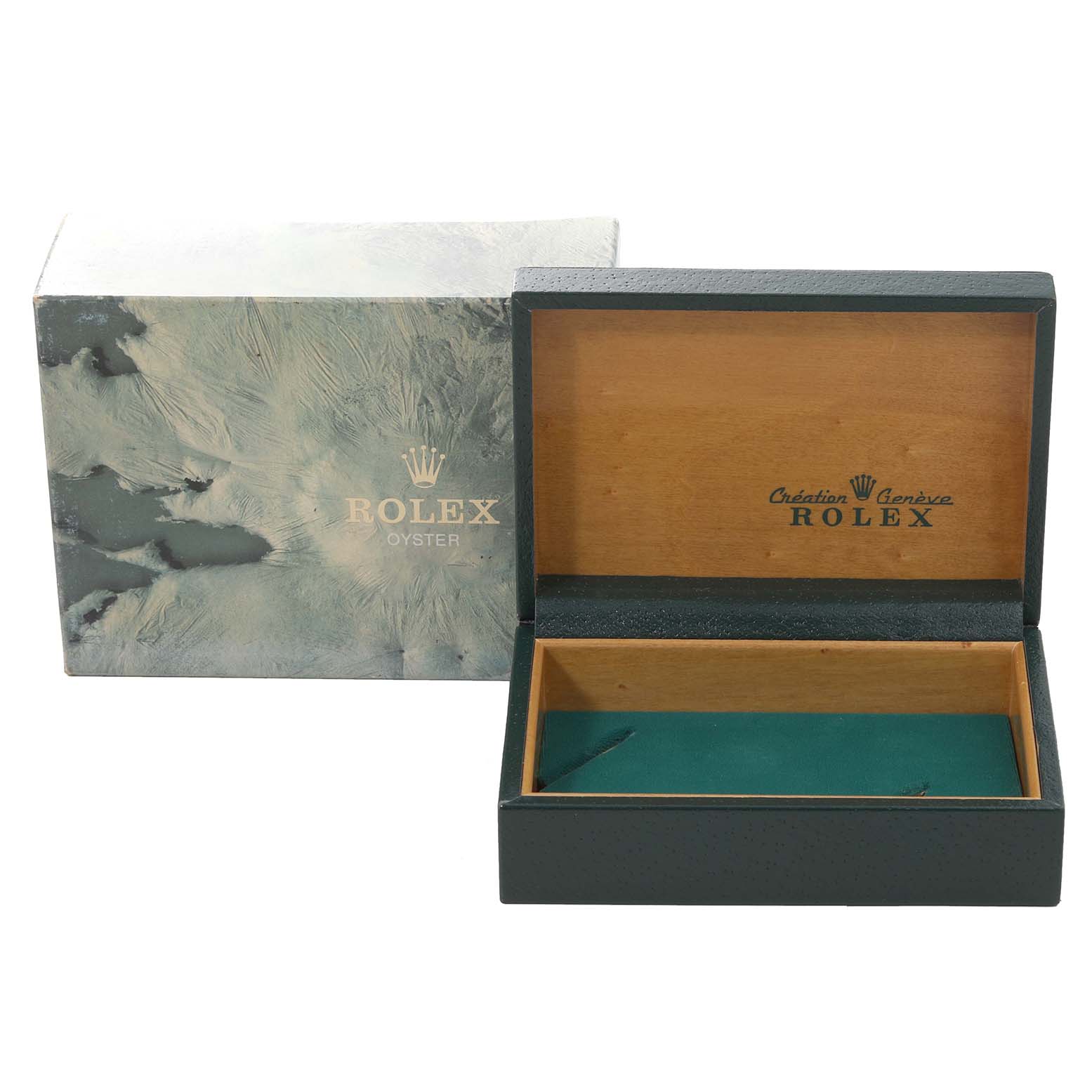 The image shows an open green Rolex watch box for the Datejust model with the outer packaging.