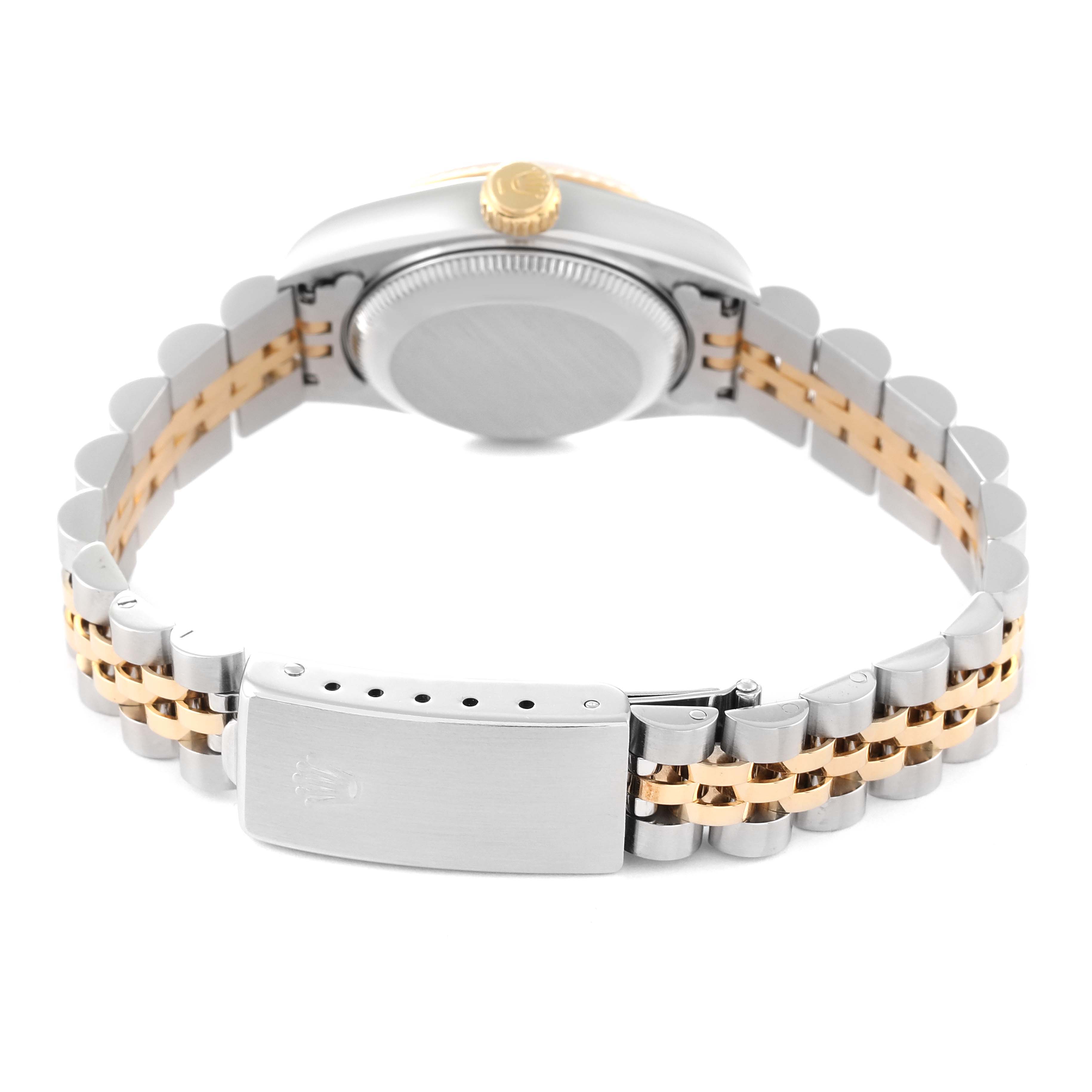 The image shows the back case and bracelet of the Rolex Datejust 69173 Women's Steel and Gold (two tone) Champagne Dial 69173 Women's Steel and Gold (two tone) Champagne Dial watch from a rear angle.