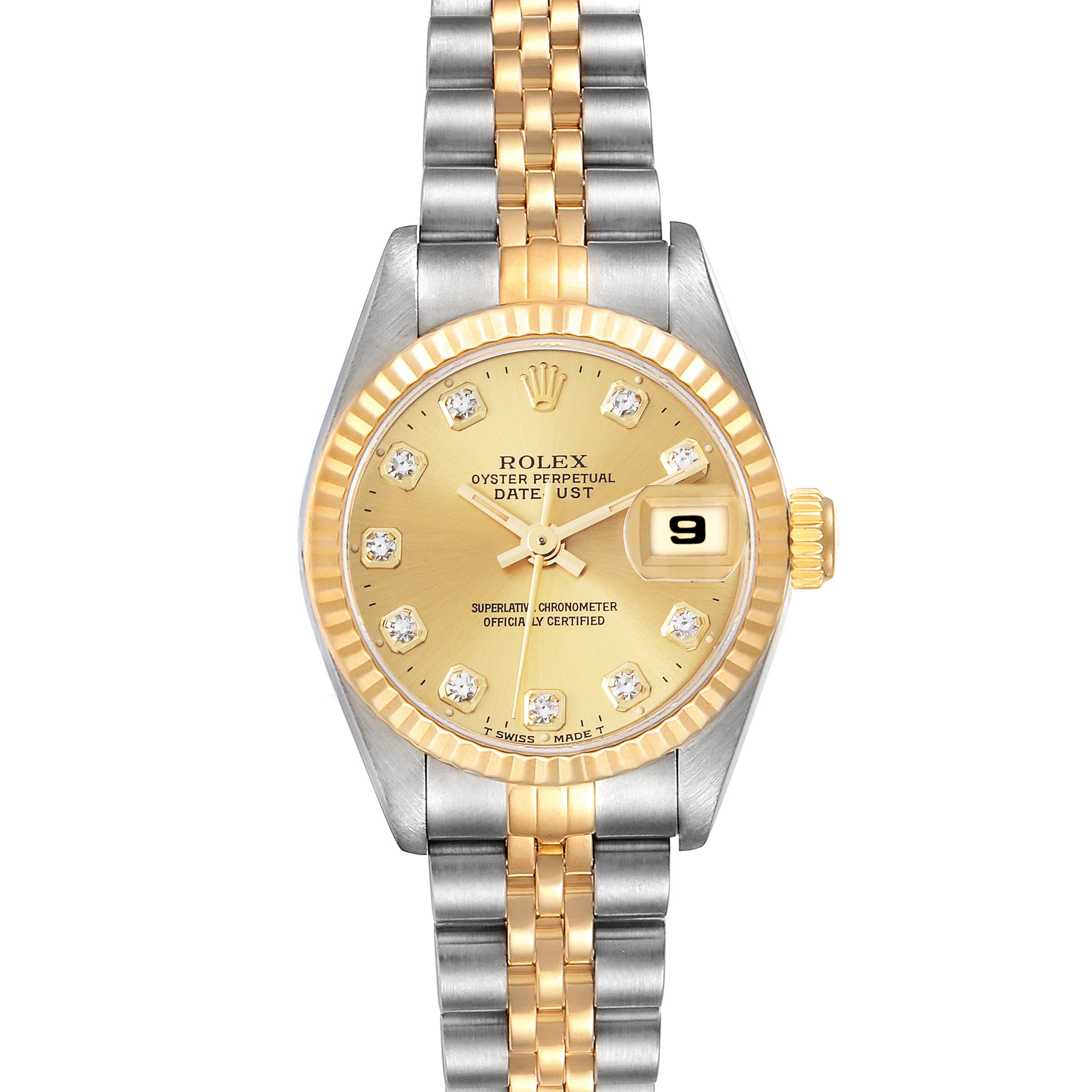 This Rolex Datejust 69173 Women's Steel and Gold (two tone) Champagne Dial 69173 Women's Steel and Gold (two tone) Champagne Dial watch is shown from a top-down angle featuring its face, dial, bezel, crown, and bracelet.