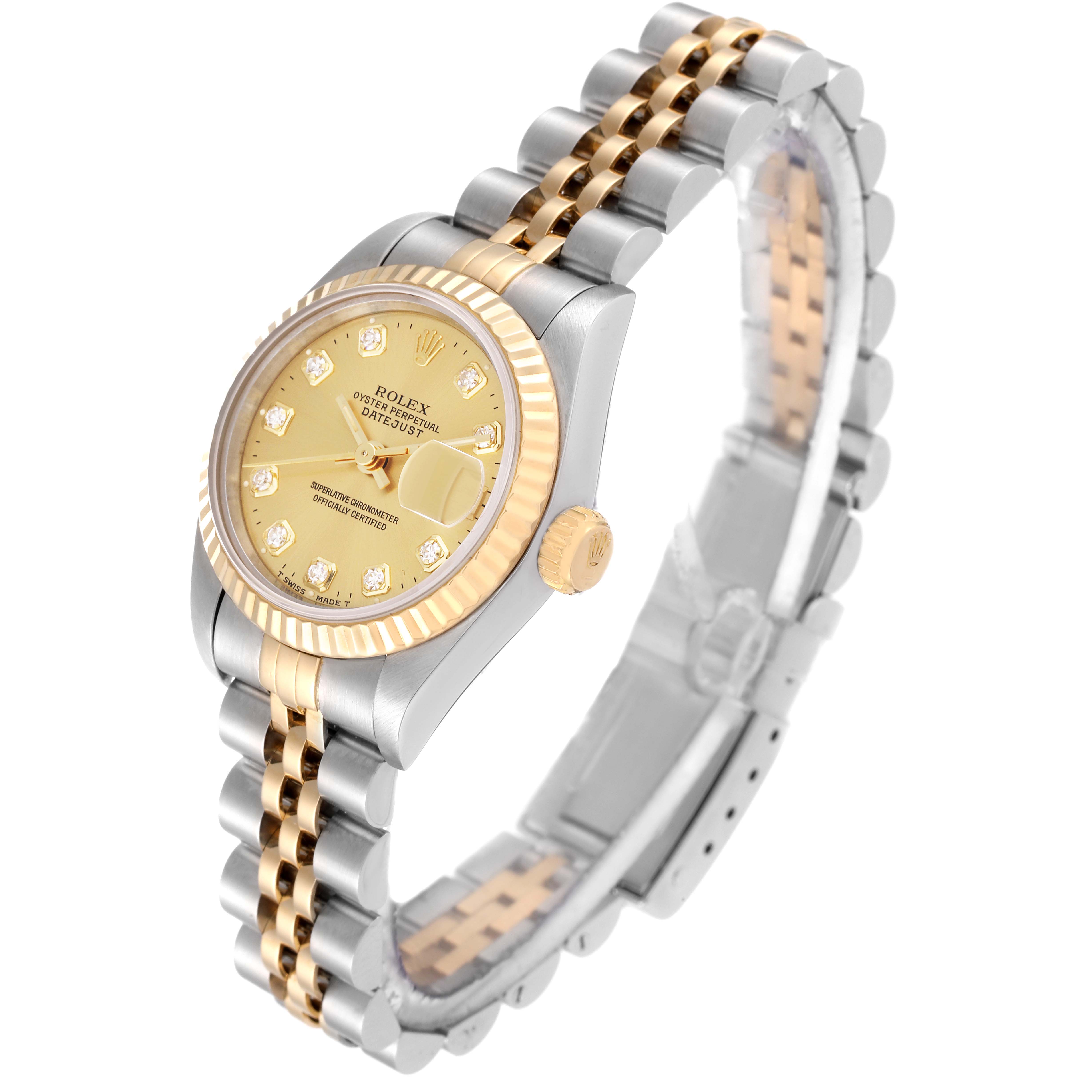 The Rolex Datejust 69173 Women's Steel and Gold (two tone) Champagne Dial 69173 Women's Steel and Gold (two tone) Champagne Dial watch is shown at a three-quarter angle, displaying the face, bezel, crown, and two-tone bracelet.