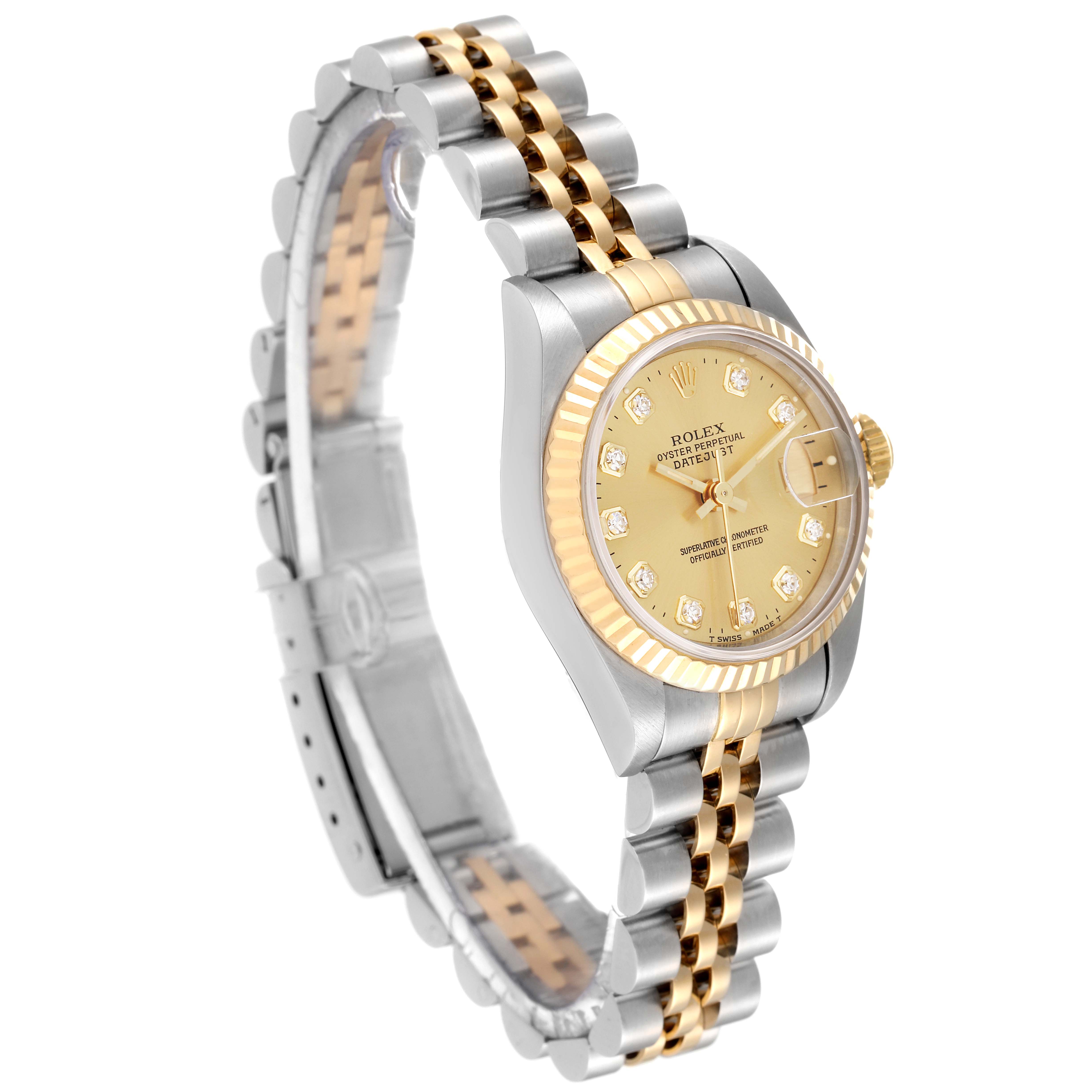 This Rolex Datejust 69173 Women's Steel and Gold (two tone) Champagne Dial 69173 Women's Steel and Gold (two tone) Champagne Dial model watch is shown at a slight angle, highlighting its gold and silver bracelet, bezel, and dial with diamond markers.