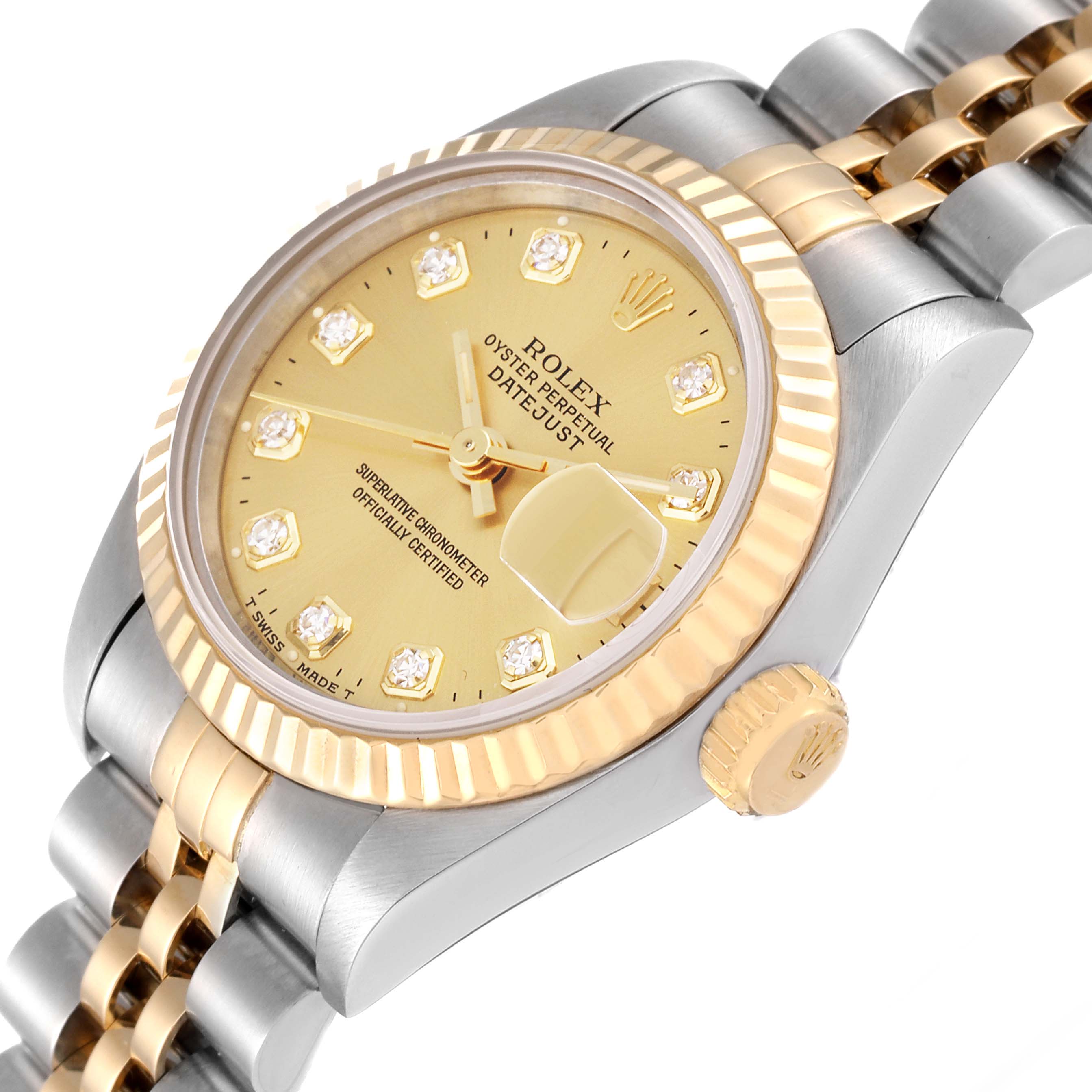 The image shows a close-up angled view of the Rolex Datejust 69173 Women's Steel and Gold (two tone) Champagne Dial 69173 Women's Steel and Gold (two tone) Champagne Dial watch, highlighting the dial, bezel, crown, and part of the bracelet.