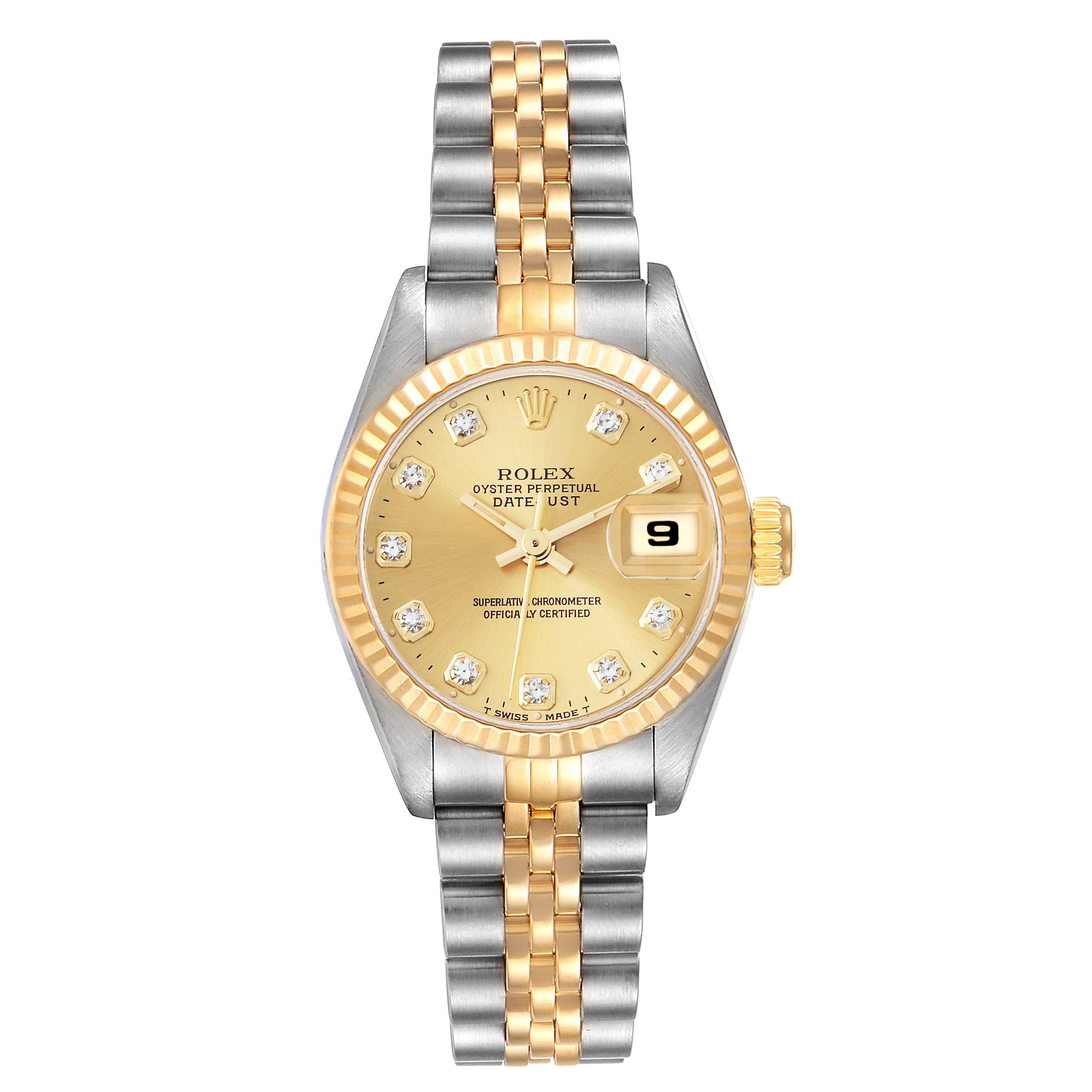 The image shows a front view of a Rolex Datejust 69173 Women's Steel and Gold (two tone) Champagne Dial 69173 Women's Steel and Gold (two tone) Champagne Dial watch, displaying the face, bezel, and part of the two-tone bracelet.