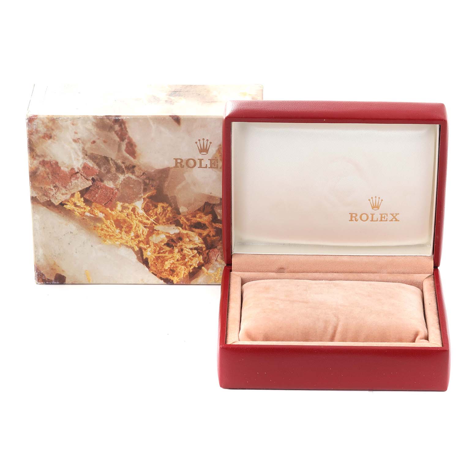 The image shows an open empty Rolex Datejust 69173 Women
s Steel and Gold (two tone) Champagne Dial 69173 Women
s Steel and Gold (two tone) Champagne Dial watch box and its outer packaging from a straight-on angle.