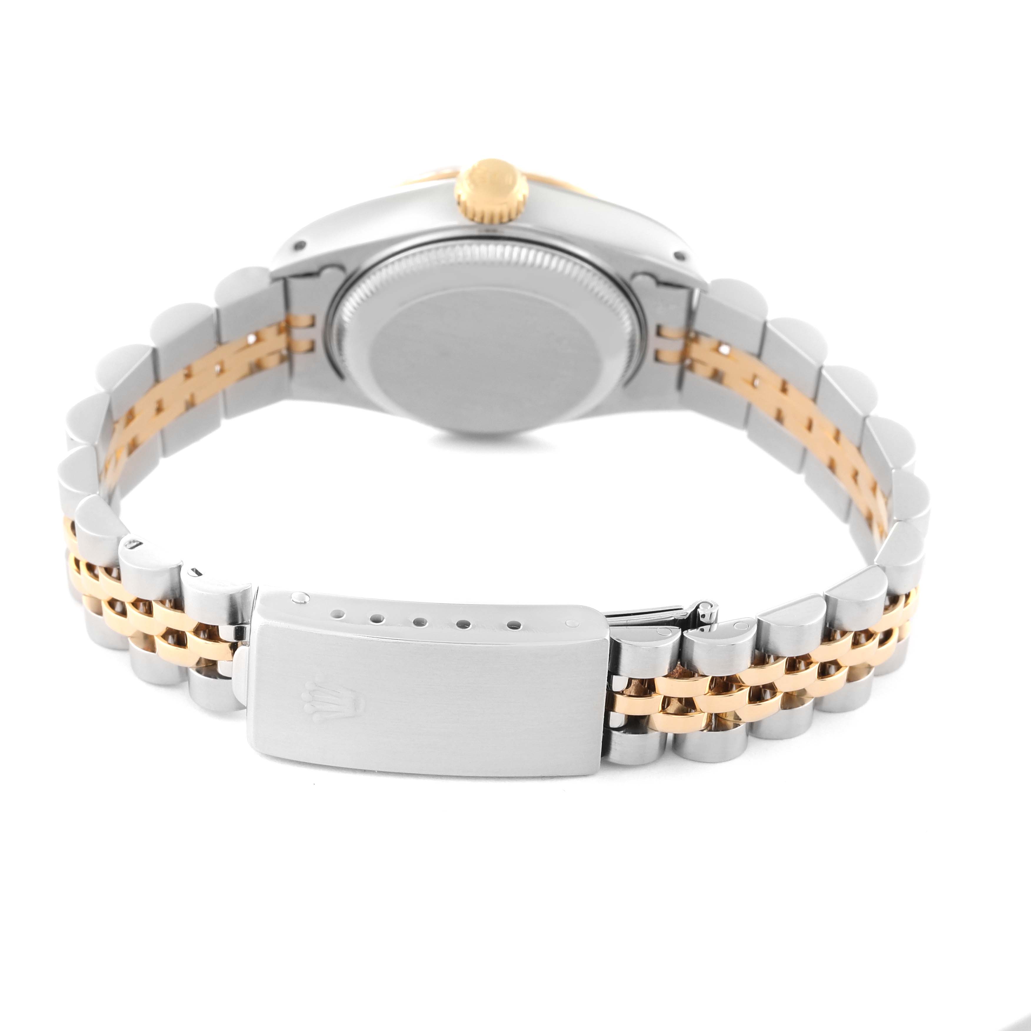 This image shows the back case and two-tone bracelet of a Rolex Datejust 69173 Women
s Steel and Gold (two tone) Champagne Dial 69173 Women
s Steel and Gold (two tone) Champagne Dial watch from a rear angle.