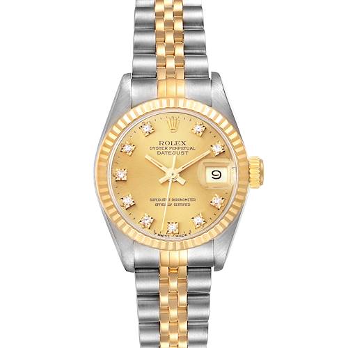 The image shows a gold and silver Rolex Datejust watch from a front angle, displaying the dial, bezel, and bracelet.