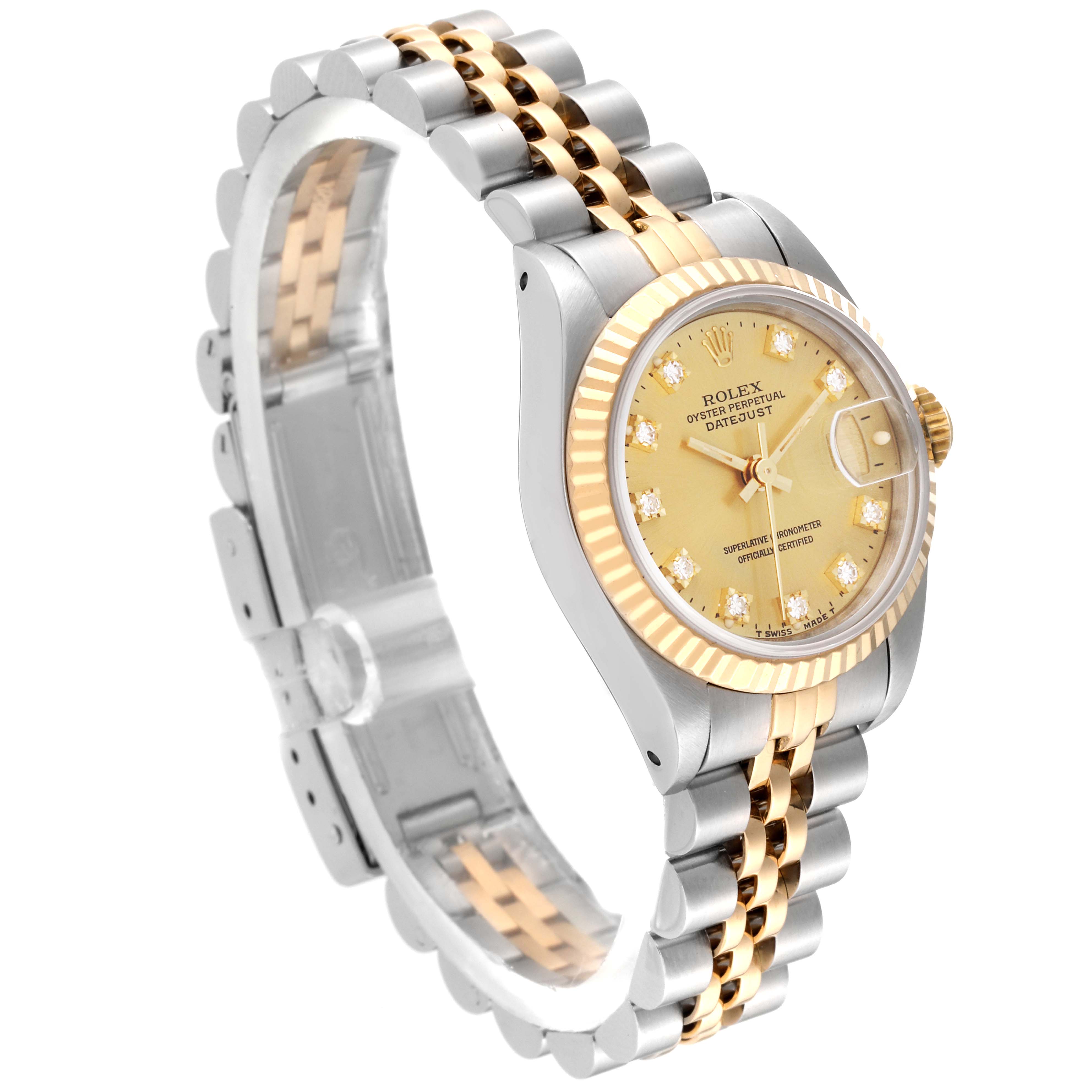 The image shows a Rolex Datejust 69173 Women
s Steel and Gold (two tone) Champagne Dial 69173 Women
s Steel and Gold (two tone) Champagne Dial watch at a three-quarter angle, highlighting the bracelet, gold bezel, and face with date and diamond markers.