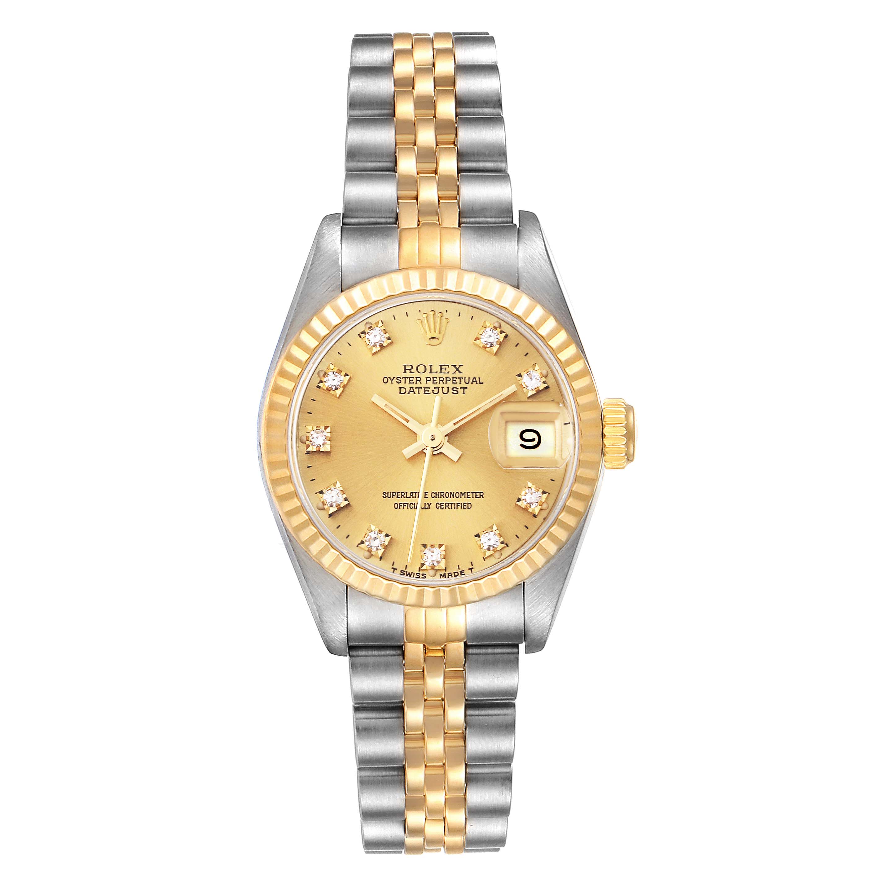 This image shows a frontal view of the Rolex Datejust 69173 Women
s Steel and Gold (two tone) Champagne Dial 69173 Women
s Steel and Gold (two tone) Champagne Dial watch, featuring a bi-color metal strap, a gold dial, and a date display.
