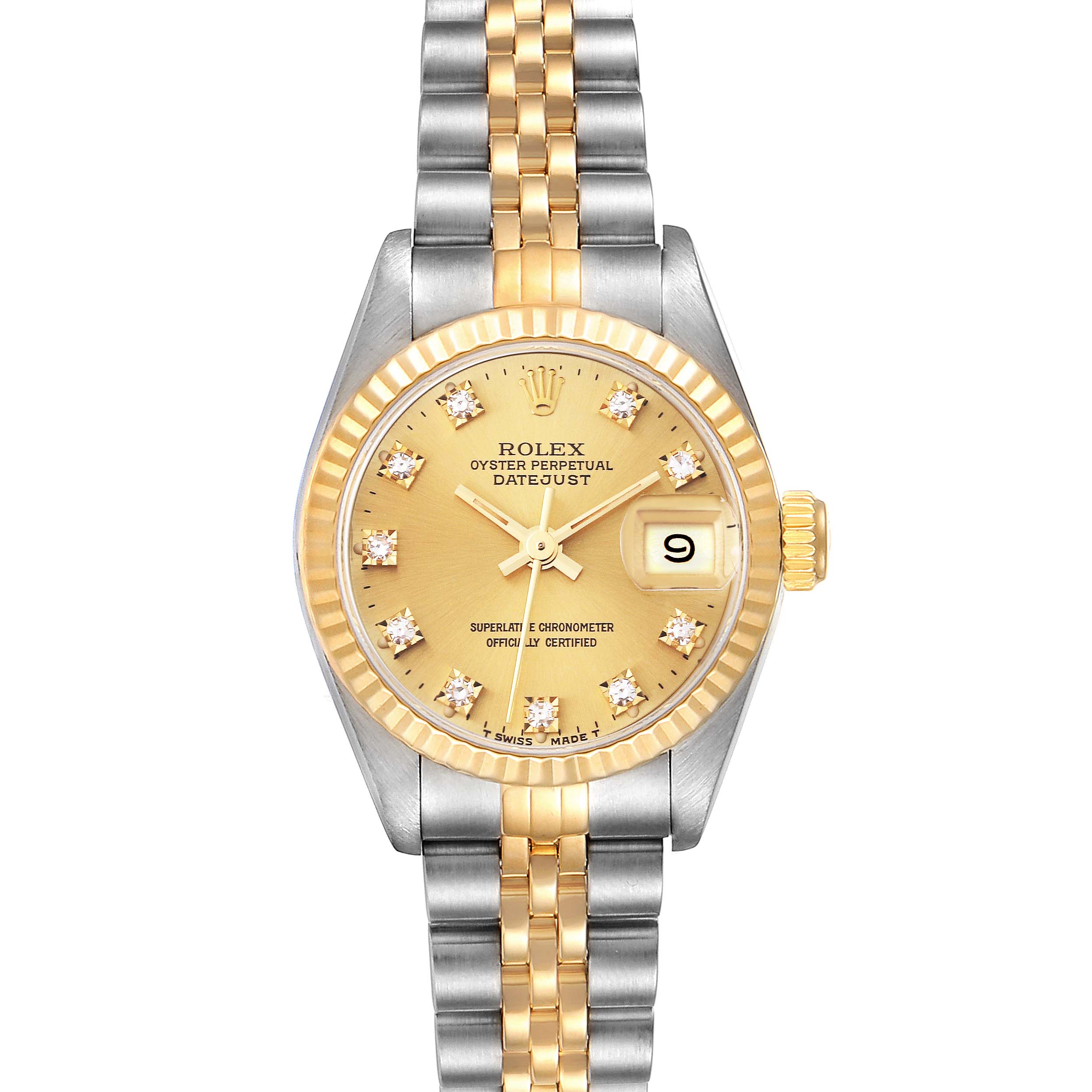This Rolex Datejust 69173 Women
s Steel and Gold (two tone) Champagne Dial 69173 Women
s Steel and Gold (two tone) Champagne Dial watch is shown in a front view, highlighting its gold dial, fluted bezel, jubilee bracelet, and date window.